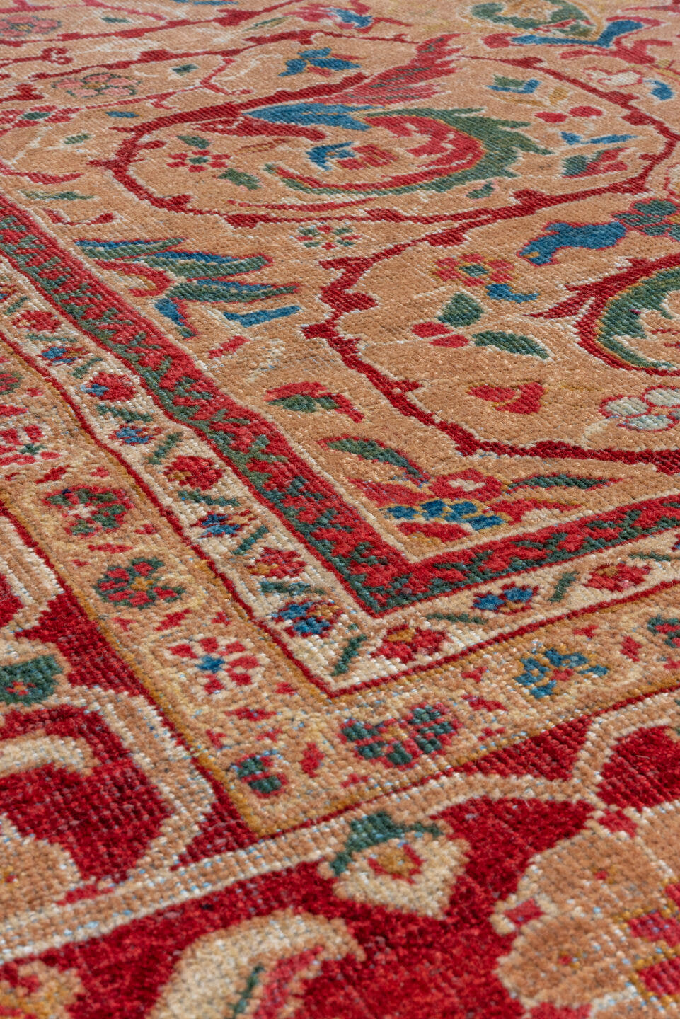 10' x 13' one-of-a-kind handmade vintage Mahal large size rug. Color palette: camel, crimson, ivory, cobalt, sage