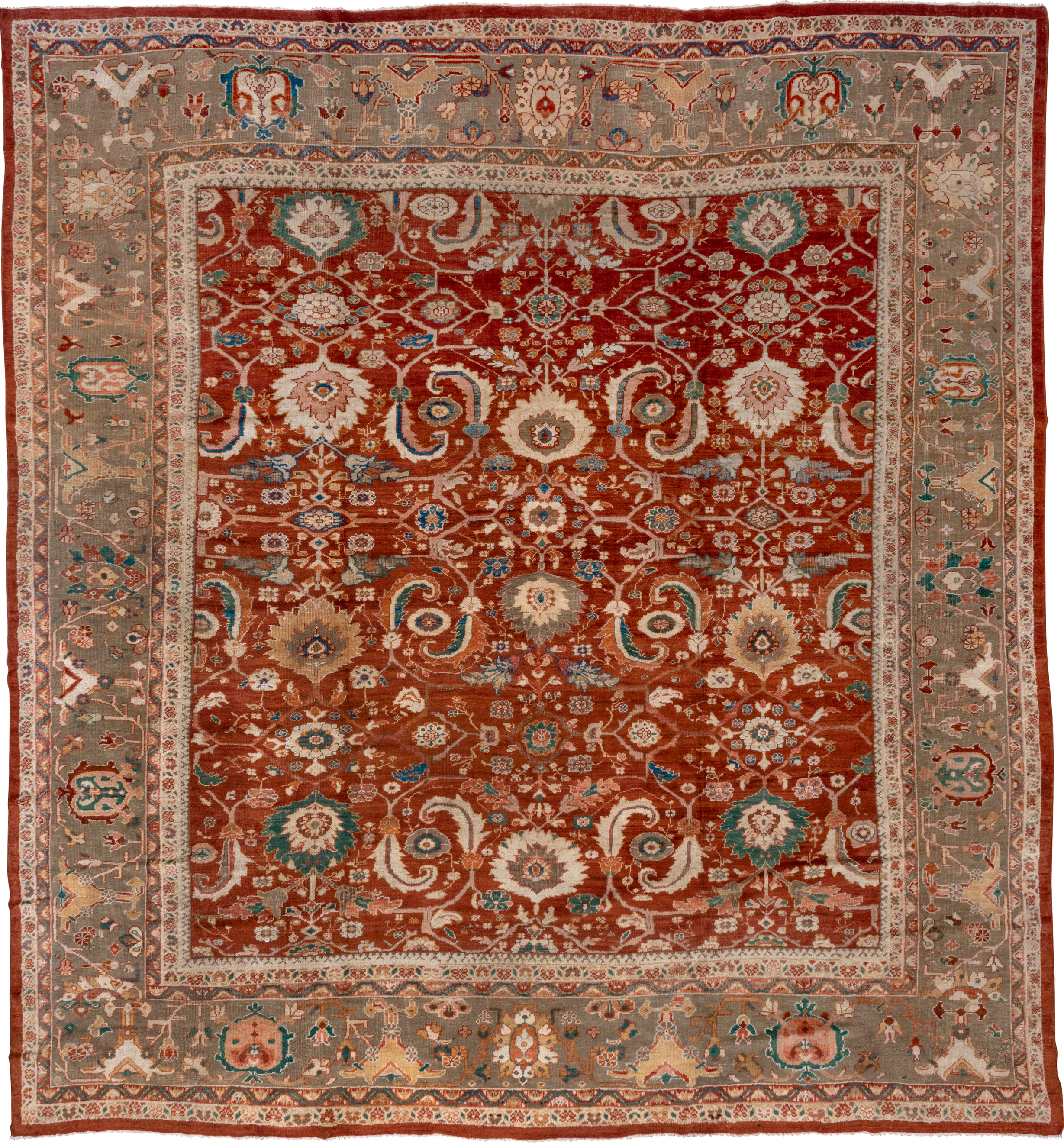 12' x 13' one-of-a-kind handmade vintage Sultanabad oversize rug. Color palette: rust, taupe, ivory, teal, blue, terra cotta