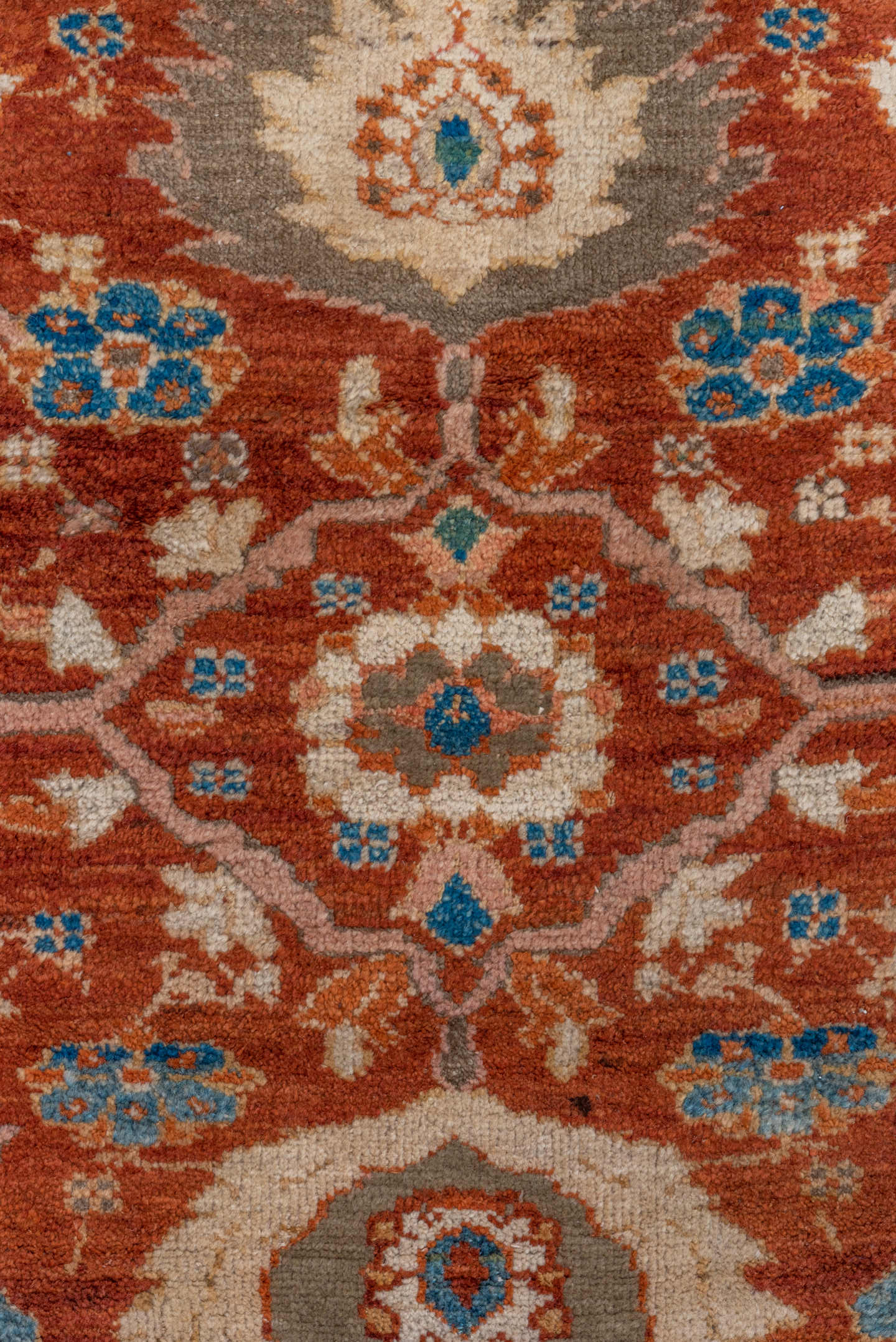 12' x 13' one-of-a-kind handmade vintage Sultanabad oversize rug. Color palette: rust, taupe, ivory, teal, blue, terra cotta