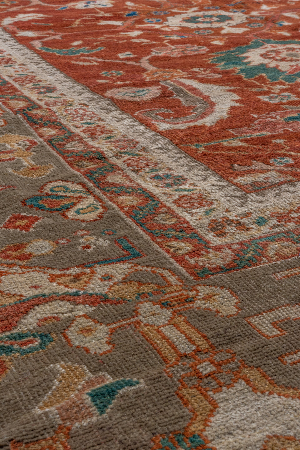 12' x 13' one-of-a-kind handmade vintage Sultanabad oversize rug. Color palette: brown, gray, orange, pink, red