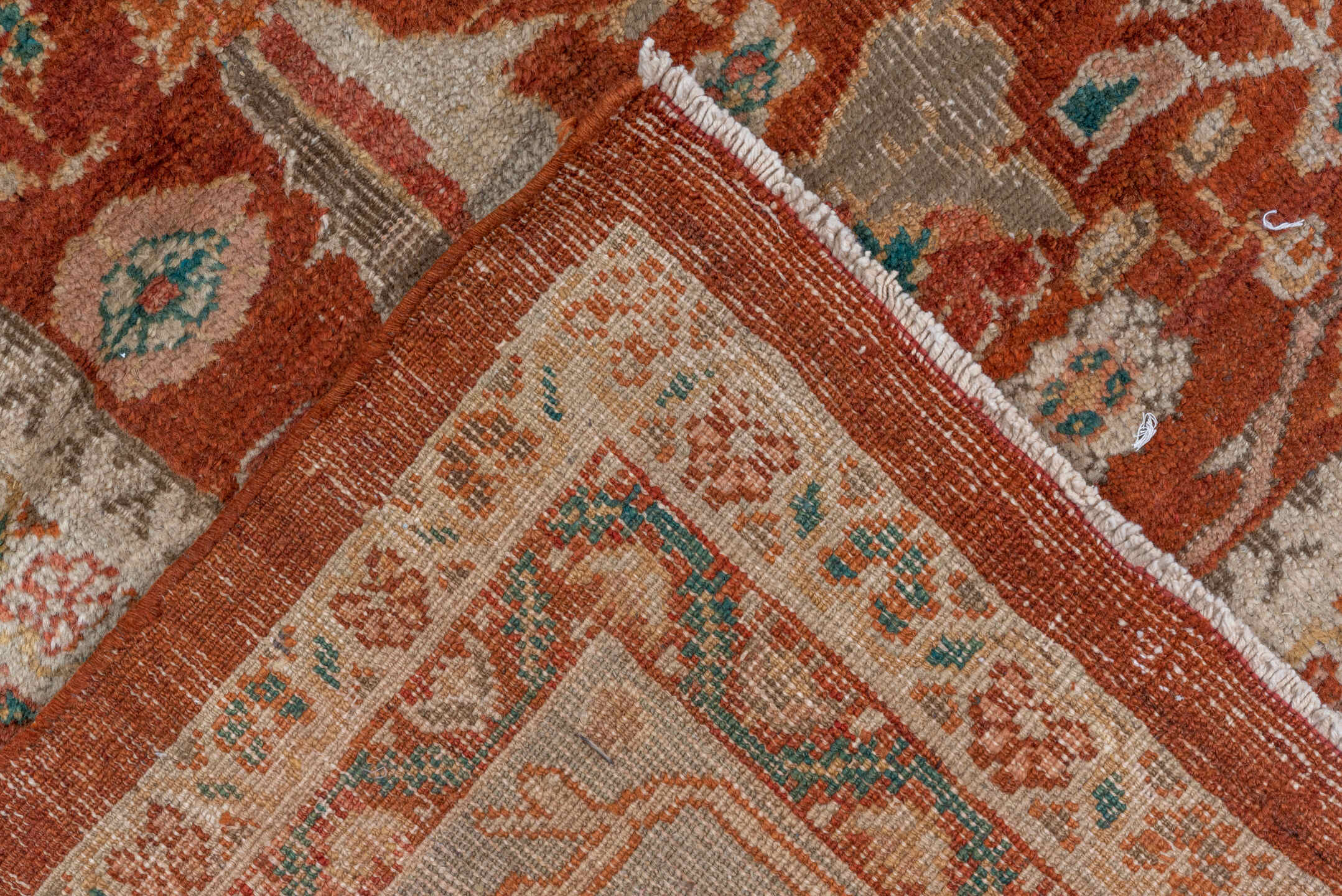 12' x 13' one-of-a-kind handmade vintage Sultanabad oversize rug. Color palette: rust, taupe, ivory, teal, blue, terra cotta