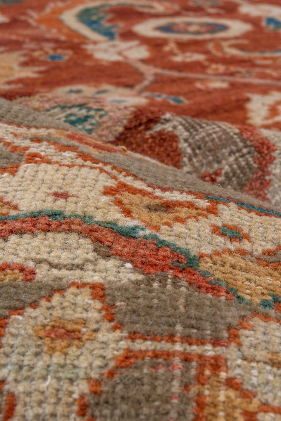 12' x 13' one-of-a-kind handmade vintage Sultanabad oversize rug. Color palette: rust, taupe, ivory, teal, blue, terra cotta