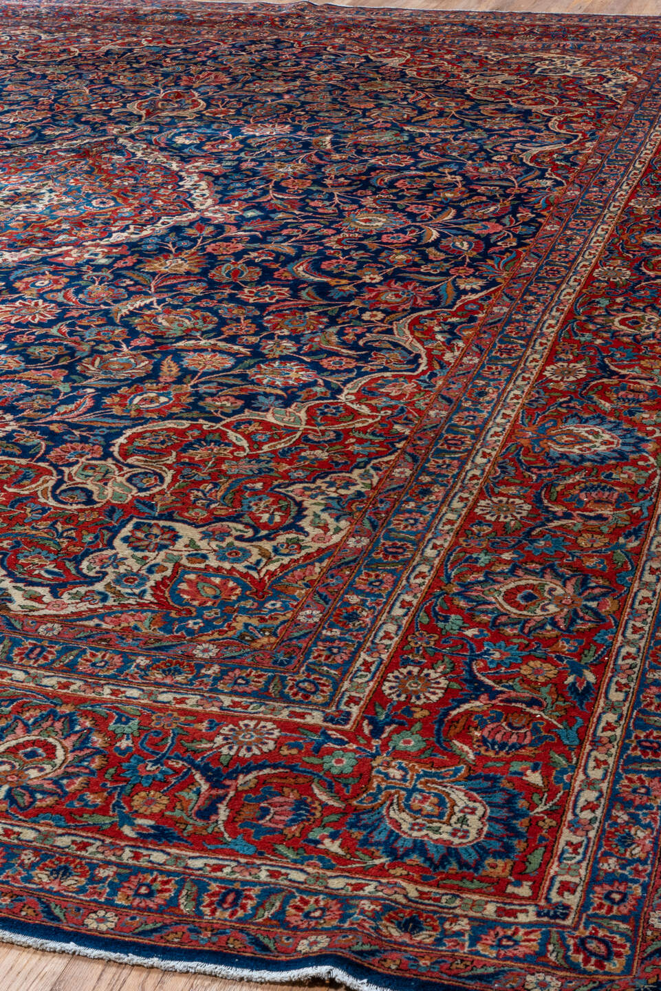 10' x 13' one-of-a-kind handmade vintage Kashan oversize rug. Color palette: navy, red, ivory, cobalt, rose, camel, blue