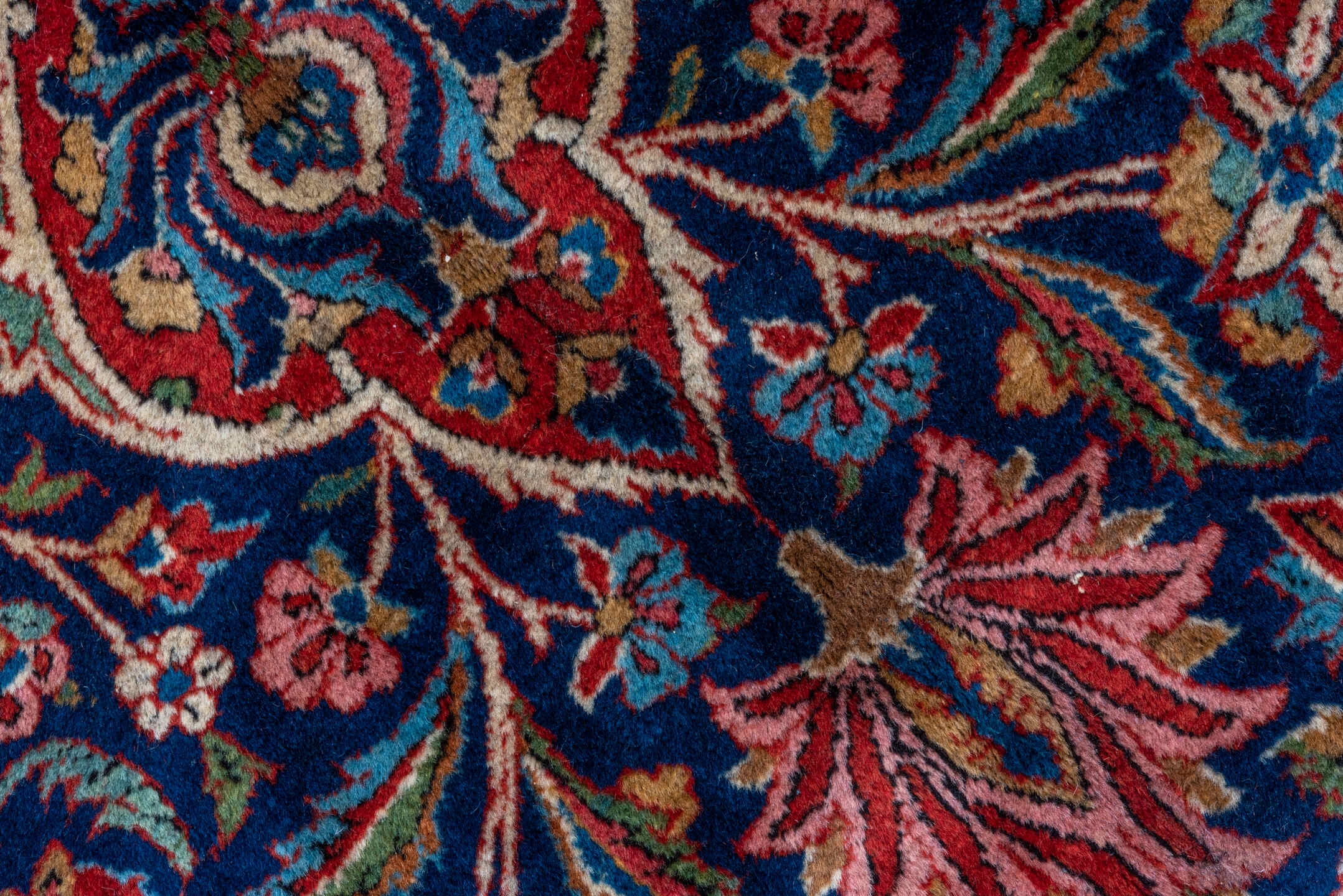 10' x 13' one-of-a-kind handmade vintage Kashan oversize rug. Color palette: navy, red, ivory, cobalt, rose, camel, blue