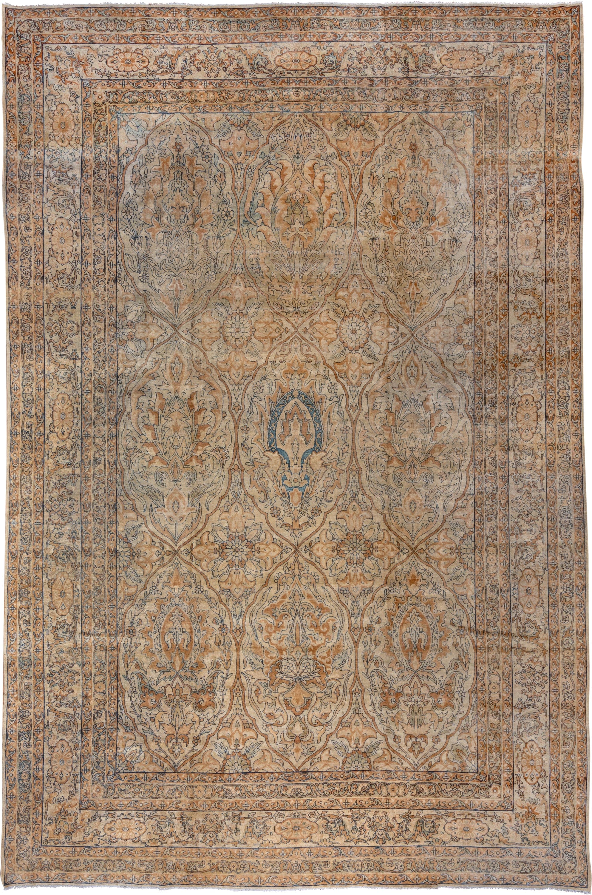 11' x 17' one-of-a-kind handmade vintage Yazd oversize rug. Color palette: beige, camel, ivory, taupe, slate, tan, rust