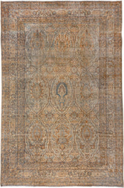 11' x 17' one-of-a-kind handmade vintage Yazd oversize rug. Color palette: beige, camel, ivory, taupe, slate, tan, rust