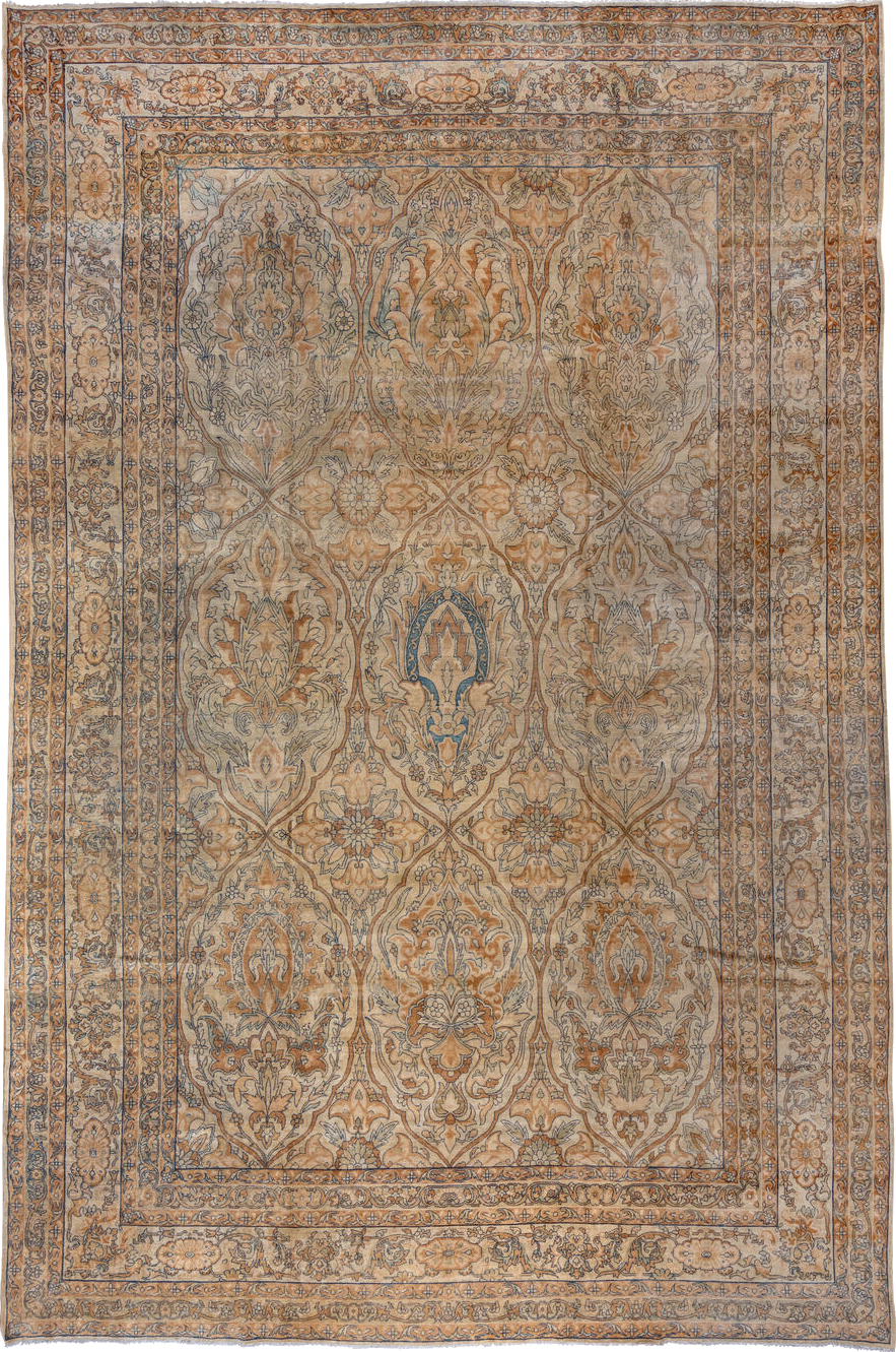 11' x 17' one-of-a-kind handmade vintage Yazd oversize rug. Color palette: black, brown, gray, linen, off-white, orange