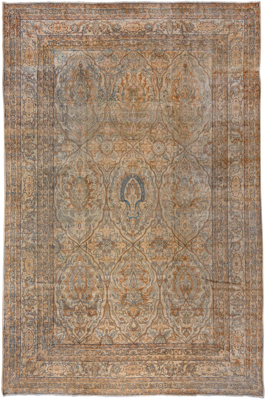 11' x 17' one-of-a-kind handmade vintage Yazd oversize rug. Color palette: beige, camel, ivory, taupe, slate, tan, rust