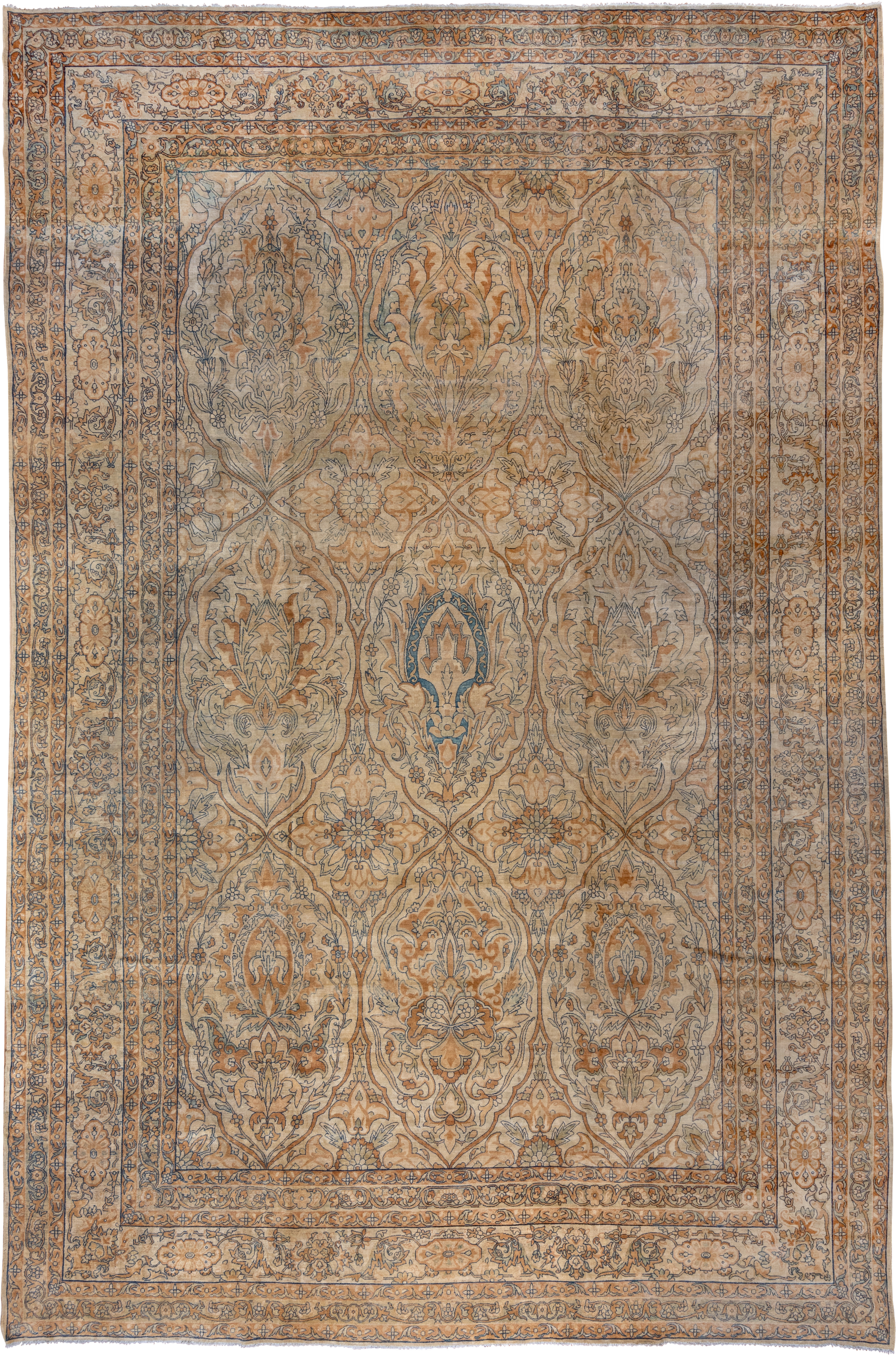11' x 17' one-of-a-kind handmade vintage Yazd oversize rug. Color palette: beige, camel, ivory, taupe, slate, tan, rust