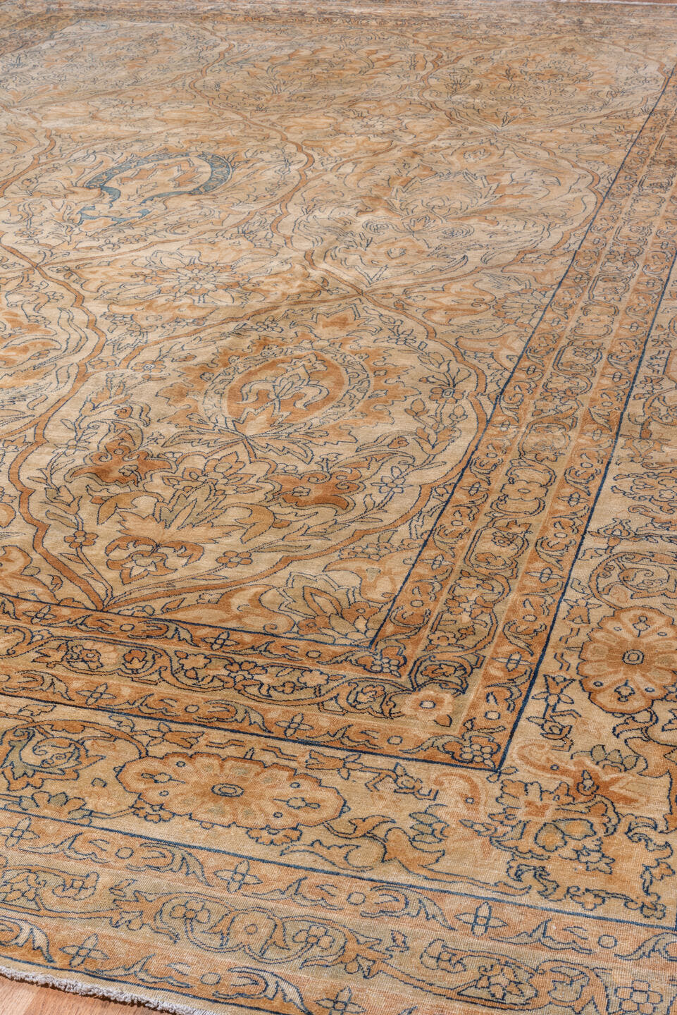11' x 17' one-of-a-kind handmade vintage Yazd oversize rug. Color palette: beige, camel, ivory, taupe, slate, tan, rust