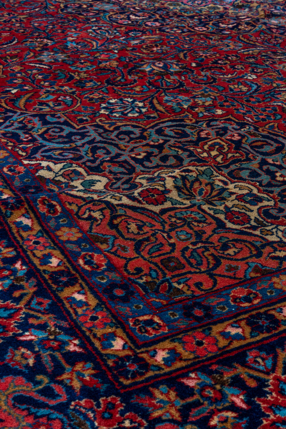 7' x 9' one-of-a-kind handmade vintage Kashan rug. Color palette: blue, brown, burgundy, fiord, gray, light gray