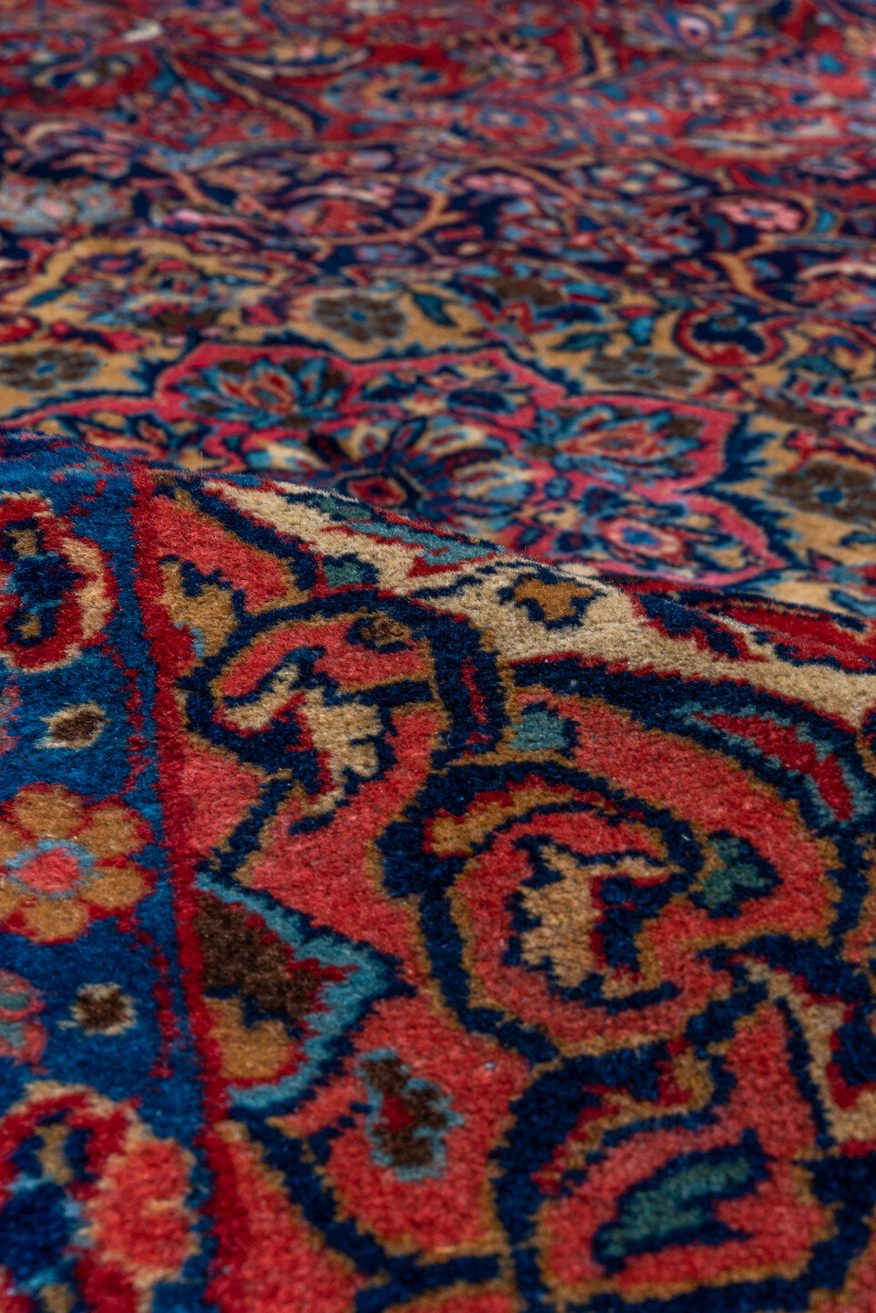 7' x 9' one-of-a-kind handmade vintage Kashan rug. Color palette: blue, brown, burgundy, fiord, gray, light gray