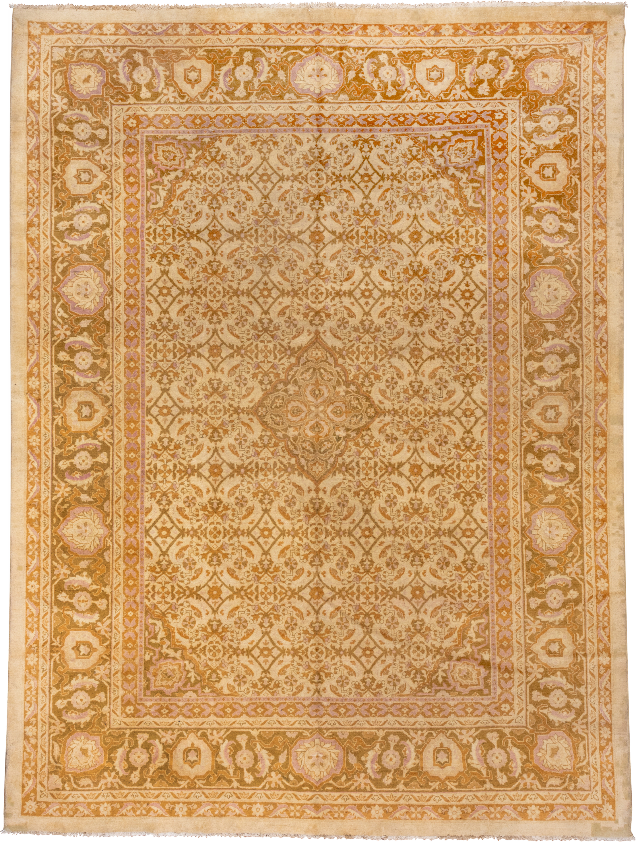 10' x 13' one-of-a-kind handmade vintage Agra large size rug. Color palette: ivory, gold, camel, tan, blush, taupe, ochre