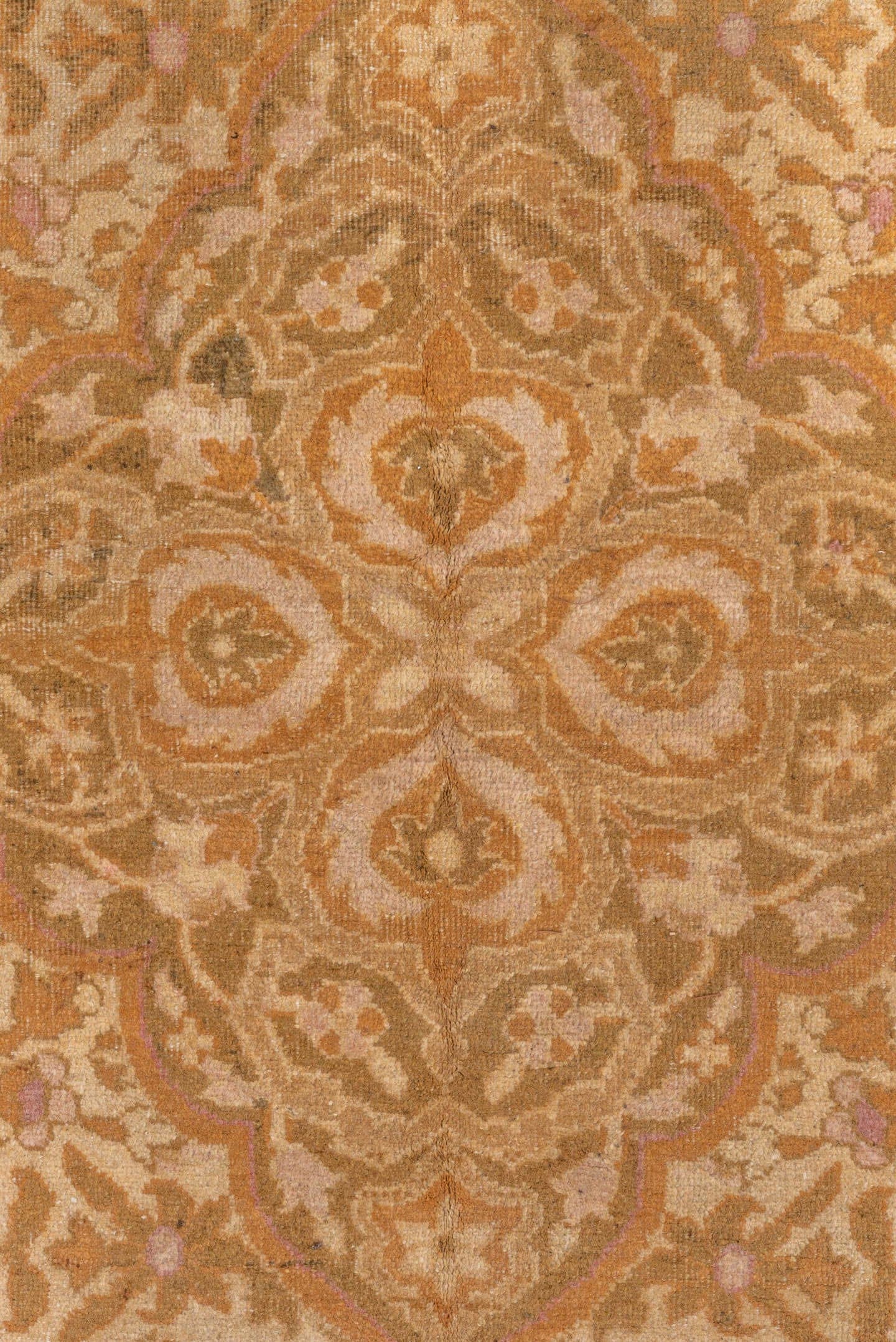 10' x 13' one-of-a-kind handmade vintage Agra large size rug. Color palette: ivory, gold, camel, tan, blush, taupe, ochre