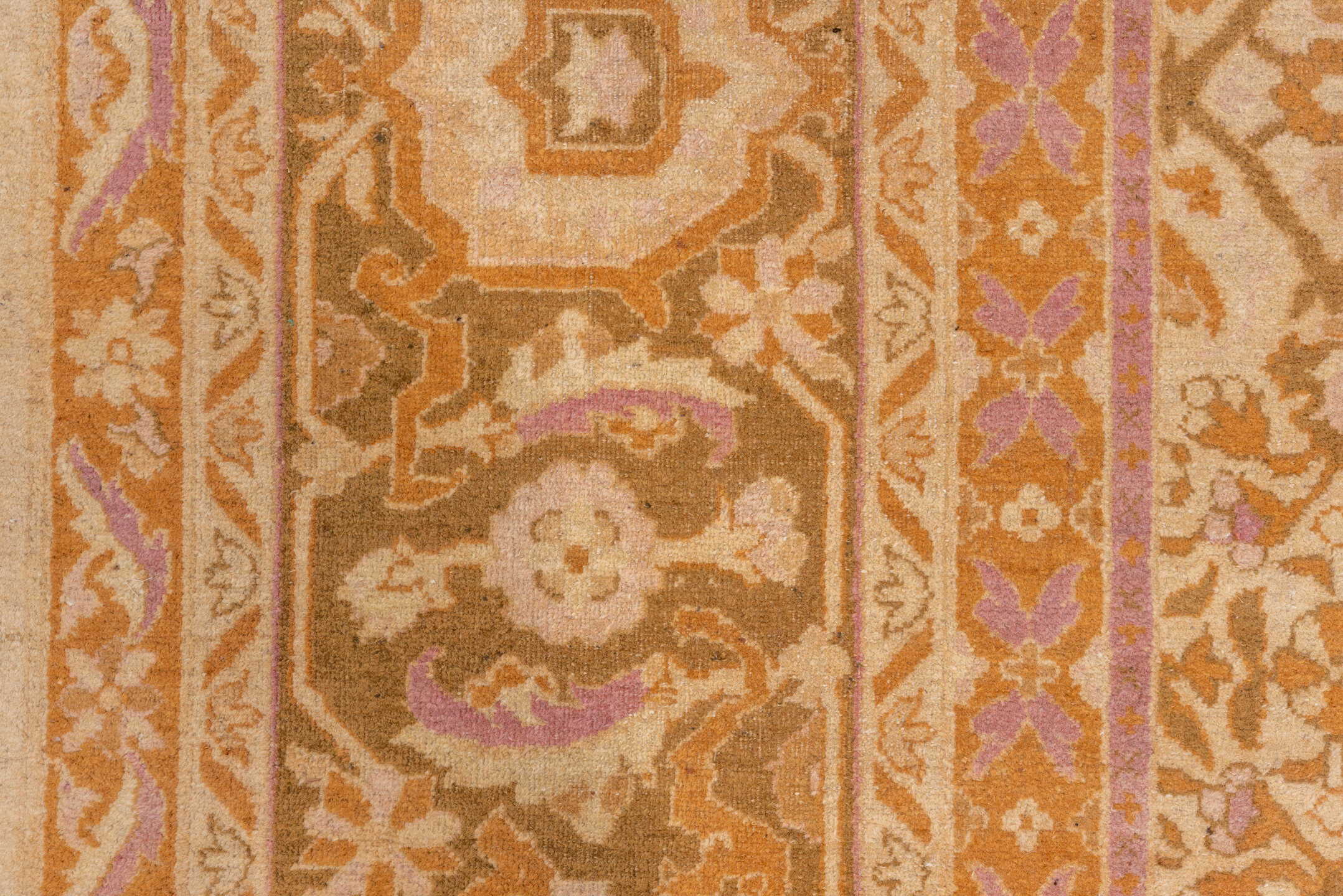 10' x 13' one-of-a-kind handmade vintage Agra large size rug. Color palette: brown, burlywood, off-white, orange, peach puff