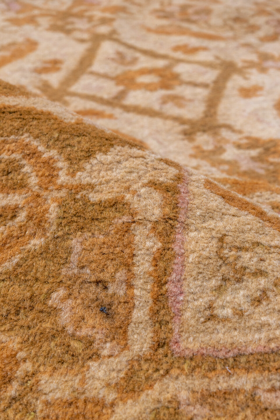 10' x 13' one-of-a-kind handmade vintage Agra large size rug. Color palette: ivory, gold, camel, tan, blush, taupe, ochre