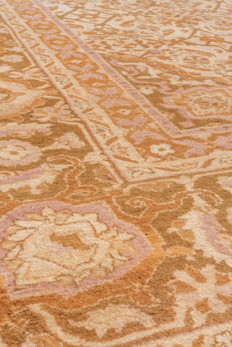 10' x 13' one-of-a-kind handmade vintage Agra large size rug. Color palette: brown, burlywood, off-white, orange, peach puff