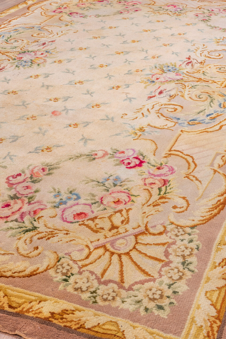 6' x 10' one-of-a-kind handmade vintage Savonnerie large size rug. Color palette: brown, burlywood, off-white, orange, red