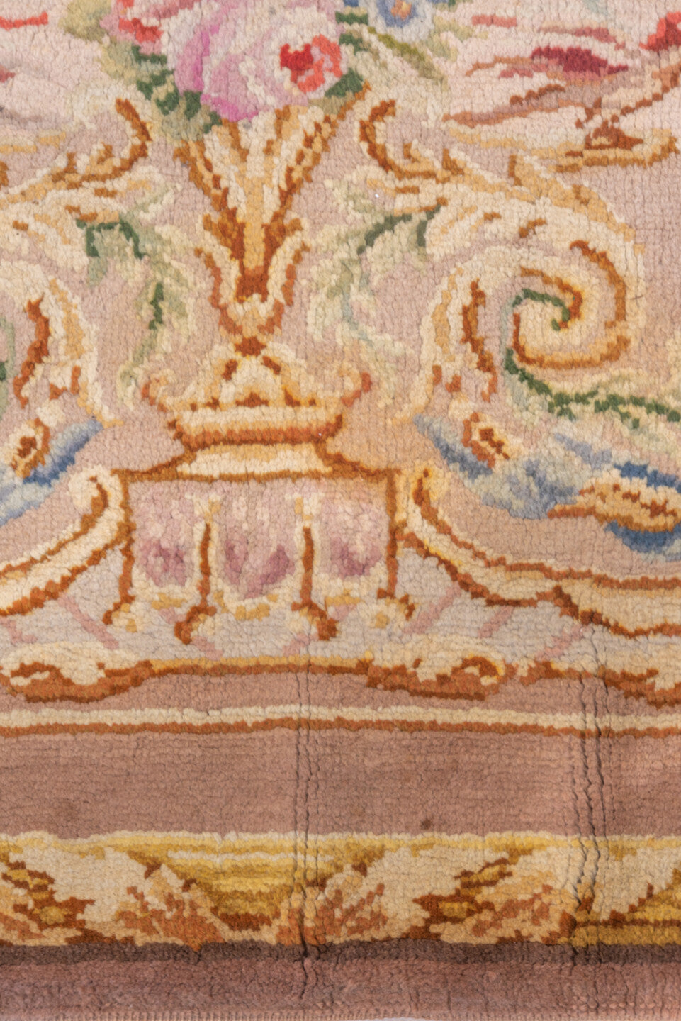 6' x 10' one-of-a-kind handmade vintage Savonnerie large size rug. Color palette: brown, burlywood, off-white, orange, red