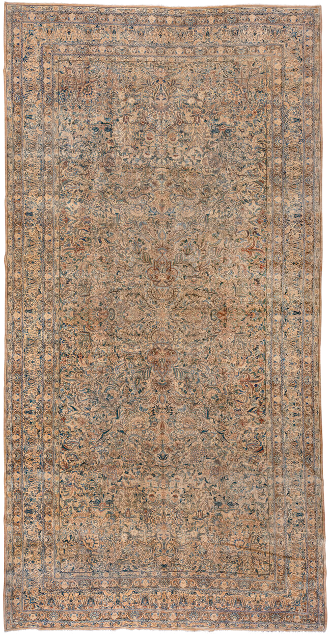 9' x 18' one-of-a-kind handmade vintage Kerman rug. Color palette: beige, ivory, muted blue, taupe, rust, camel, slate, blue