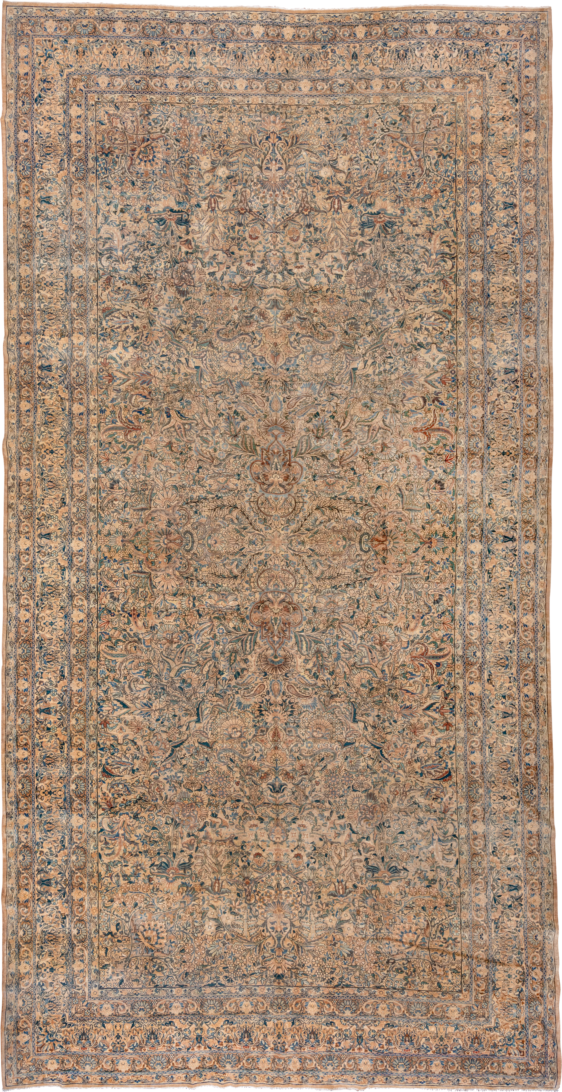 9' x 18' one-of-a-kind handmade vintage Kerman rug. Color palette: beige, ivory, muted blue, taupe, rust, camel, slate, blue