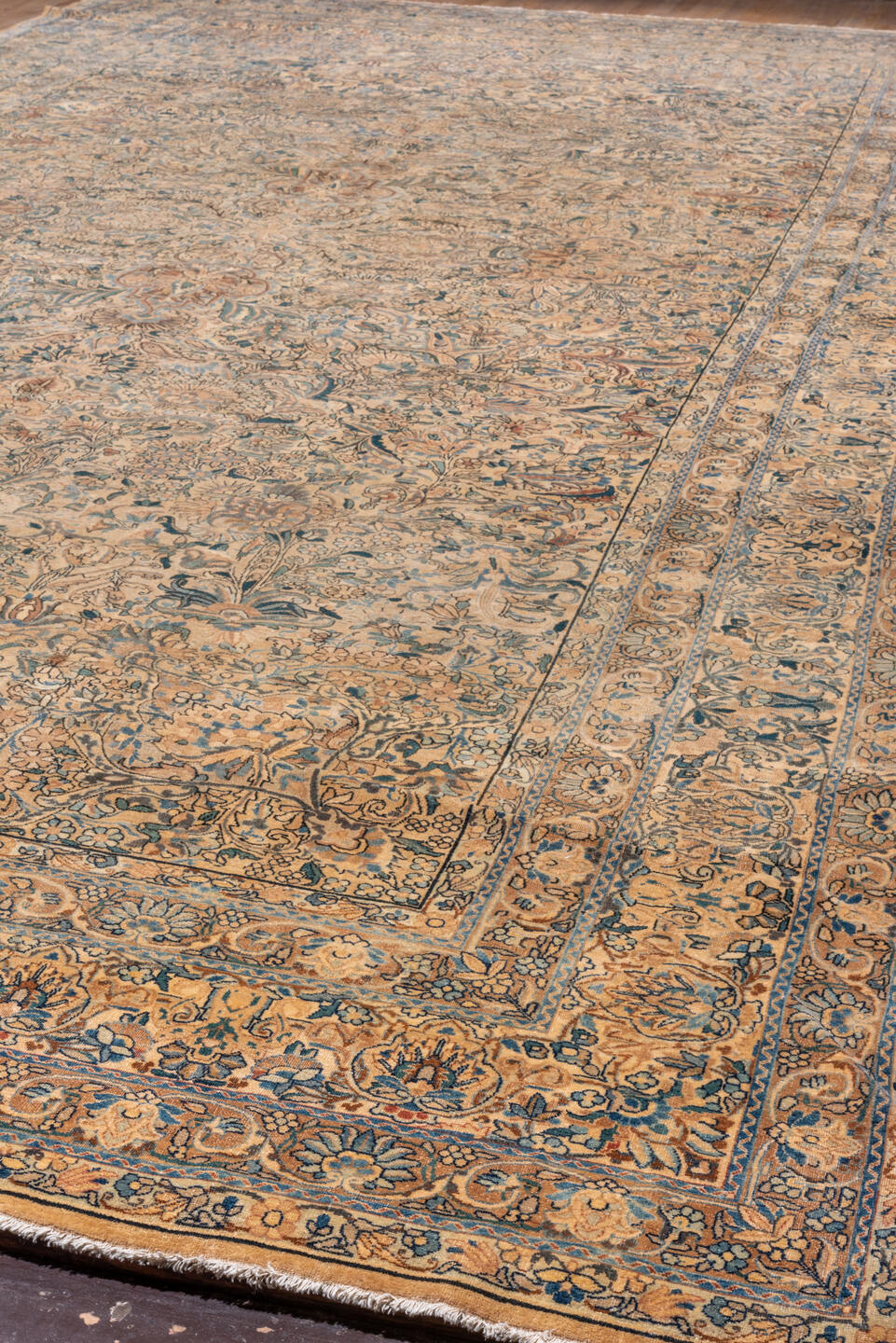 9' x 18' one-of-a-kind handmade vintage Kerman rug. Color palette: ivory, camel, muted blue, taupe, slate, tan, sienna