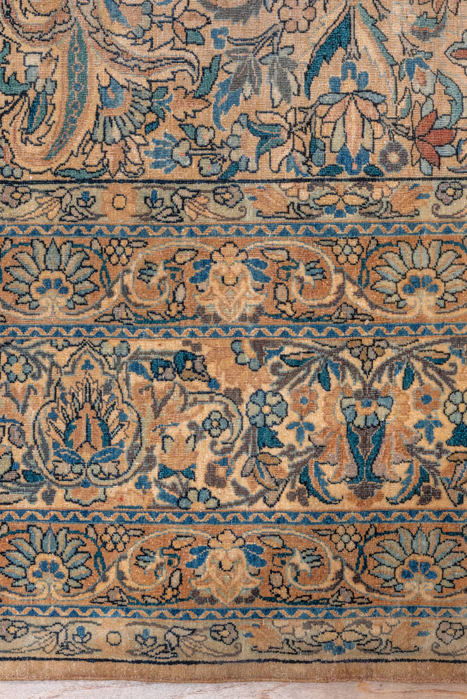 9' x 18' one-of-a-kind handmade vintage Kerman rug. Color palette: beige, ivory, muted blue, taupe, rust, camel, slate, blue