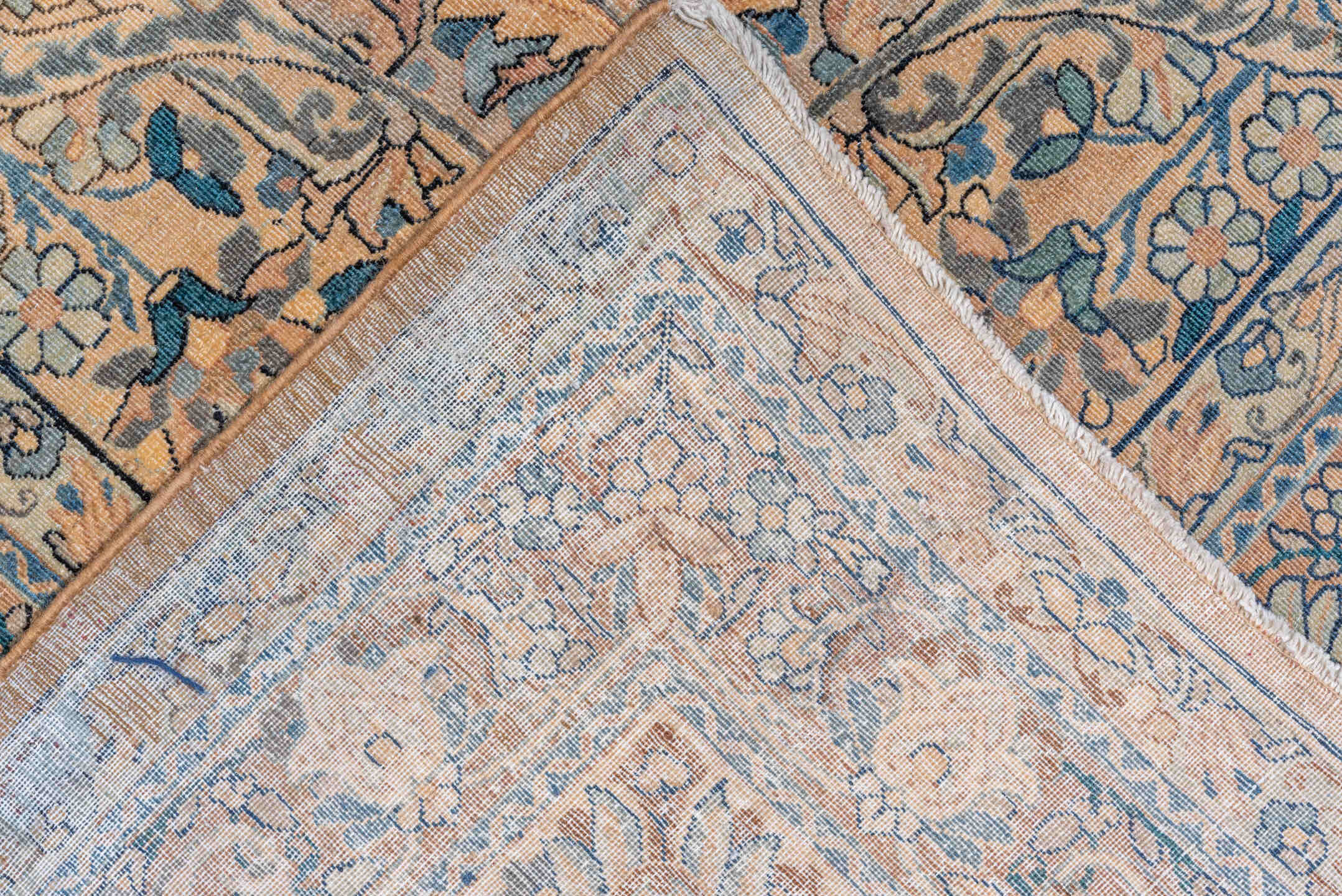 9' x 18' one-of-a-kind handmade vintage Kerman rug. Color palette: beige, ivory, muted blue, taupe, rust, camel, slate, blue