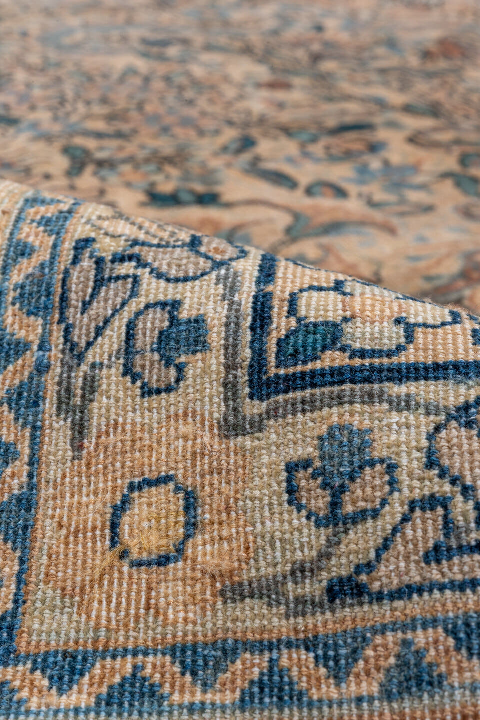 9' x 18' one-of-a-kind handmade vintage Kerman rug. Color palette: beige, ivory, muted blue, taupe, rust, camel, slate, blue
