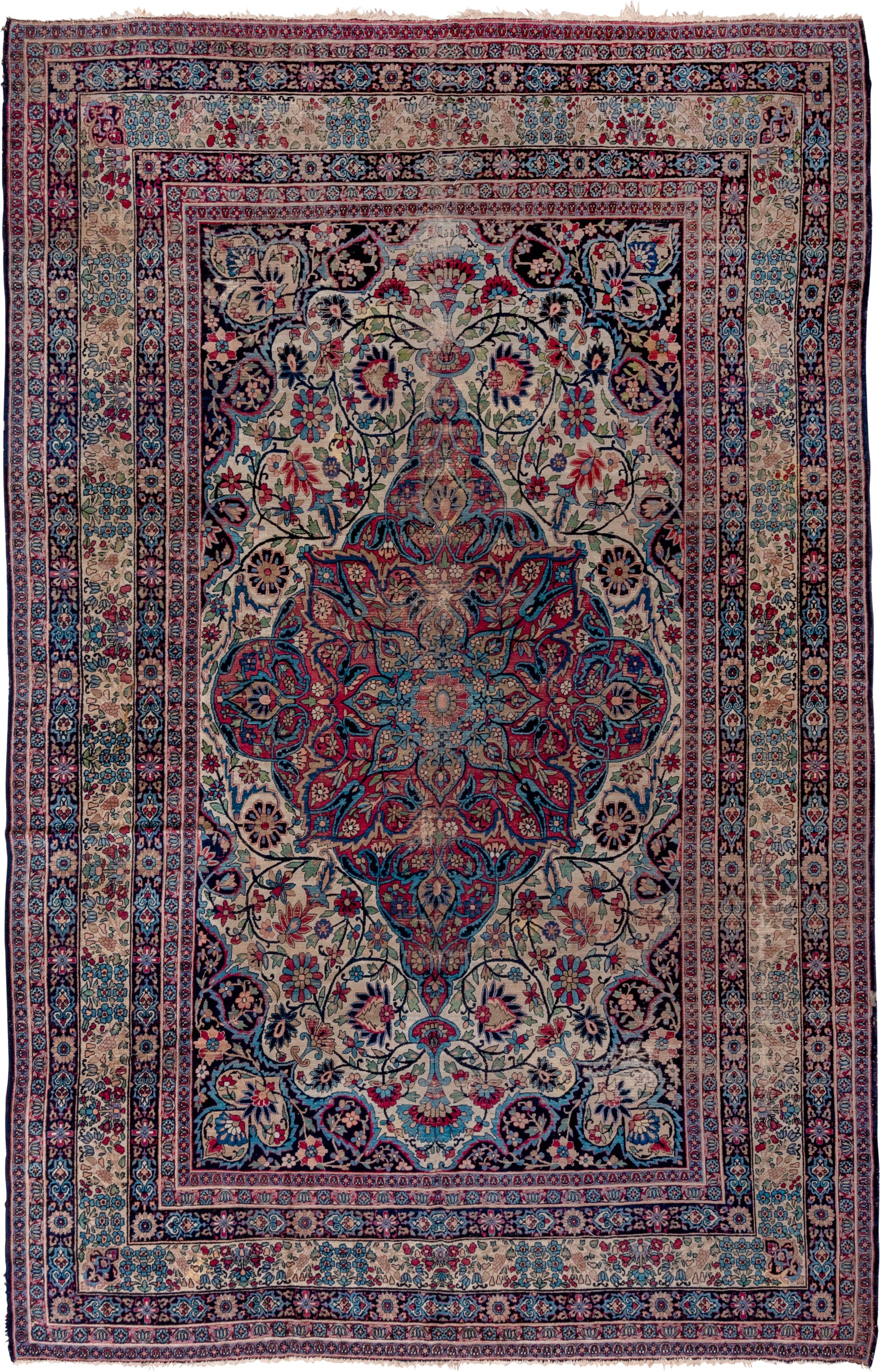 9' x 14' one-of-a-kind handmade vintage Lavar large size rug. Color palette: ivory, navy, turquoise, crimson, rose, sky_blue