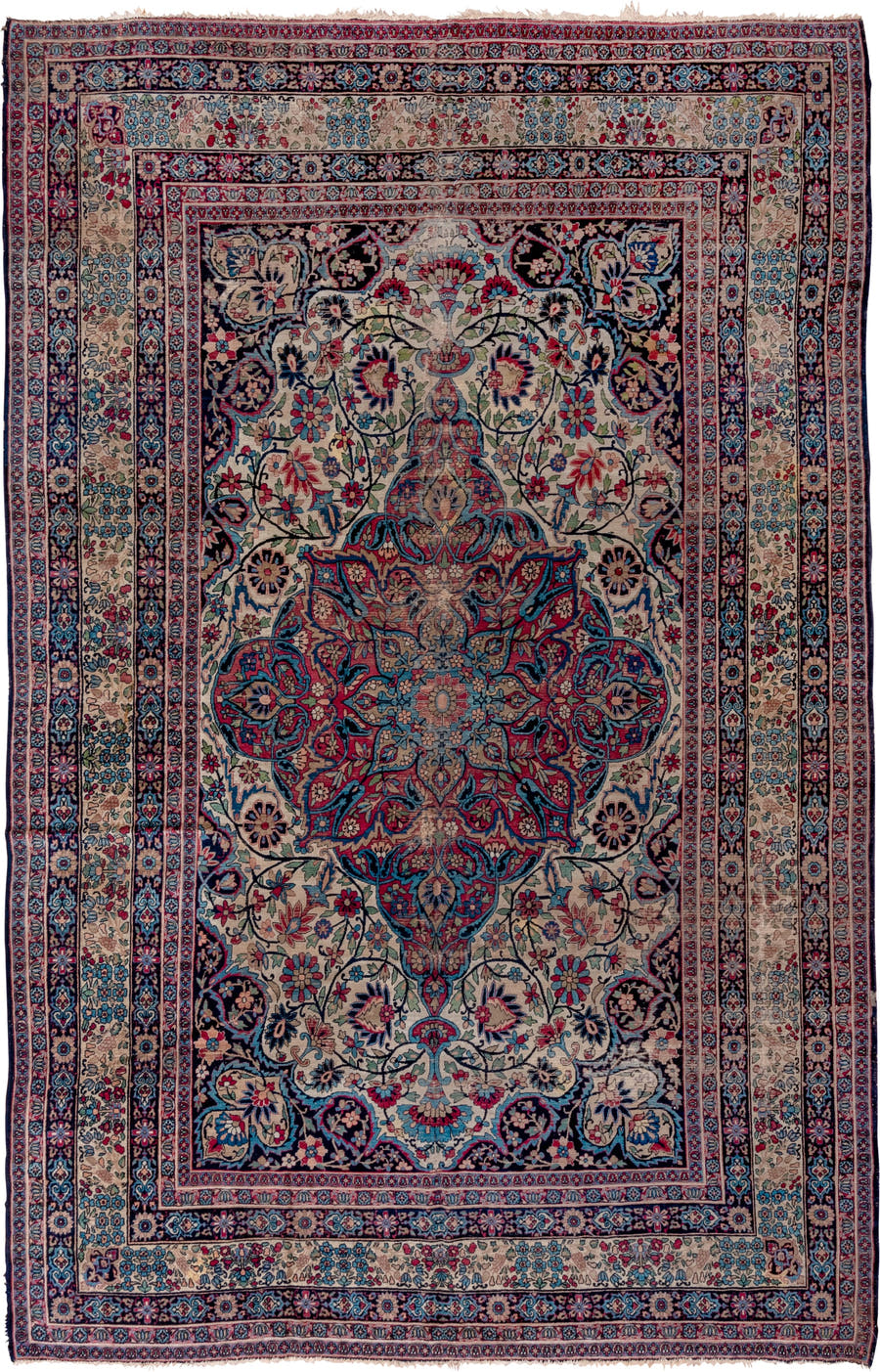 9' x 14' one-of-a-kind handmade vintage Lavar large size rug. Color palette: ivory, navy, turquoise, crimson, rose, sky_blue