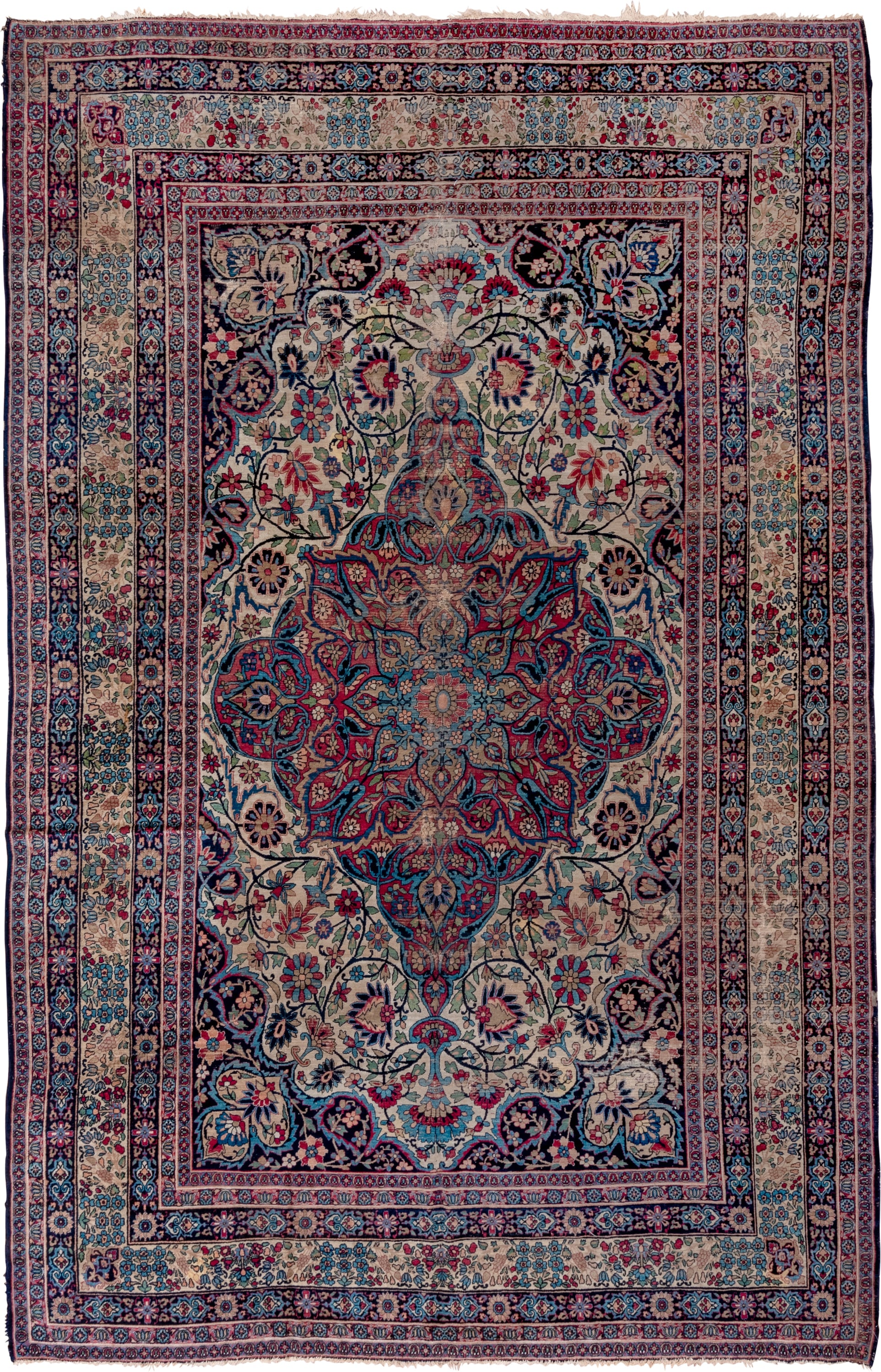 9' x 14' one-of-a-kind handmade vintage Lavar large size rug. Color palette: ivory, navy, turquoise, crimson, rose, sky_blue