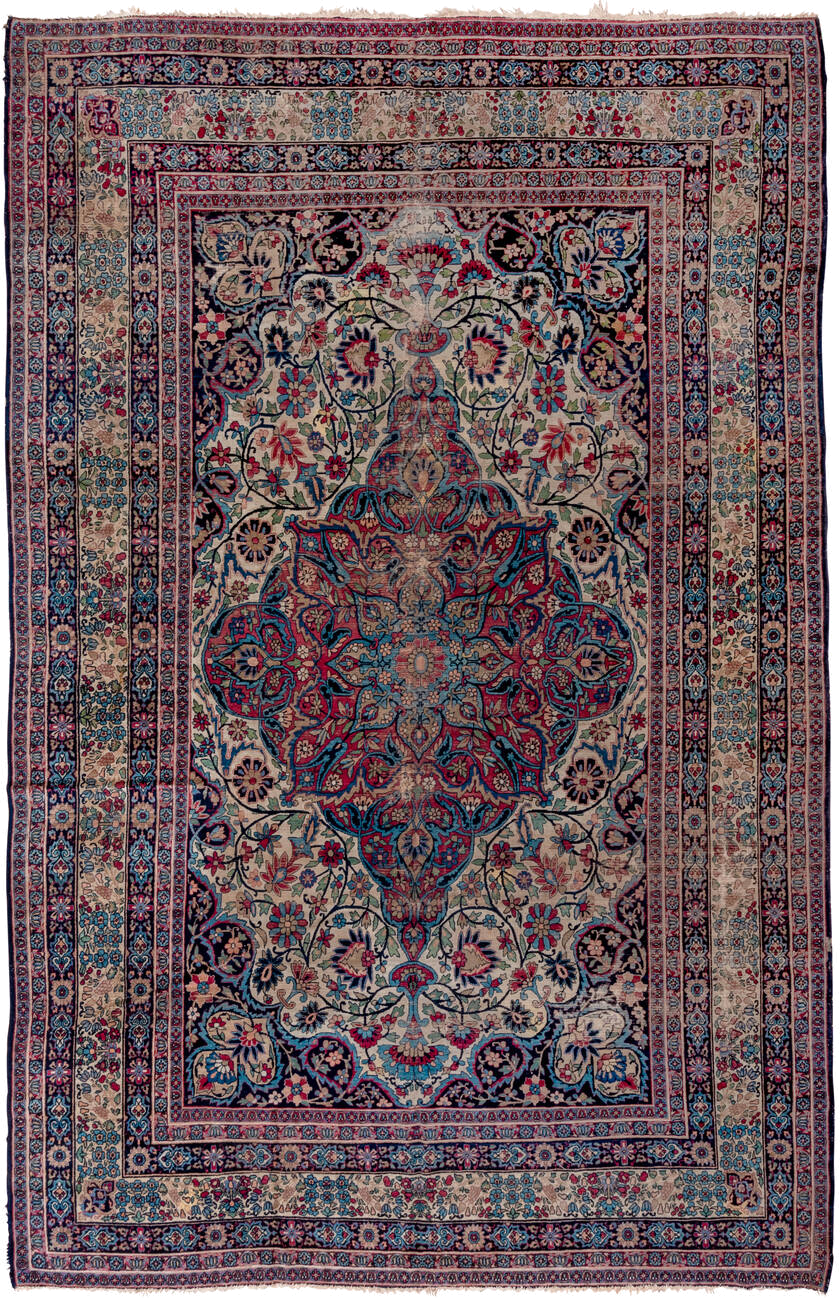 9' x 14' one-of-a-kind handmade vintage Lavar large size rug. Color palette: ivory, navy, turquoise, crimson, rose, sky_blue