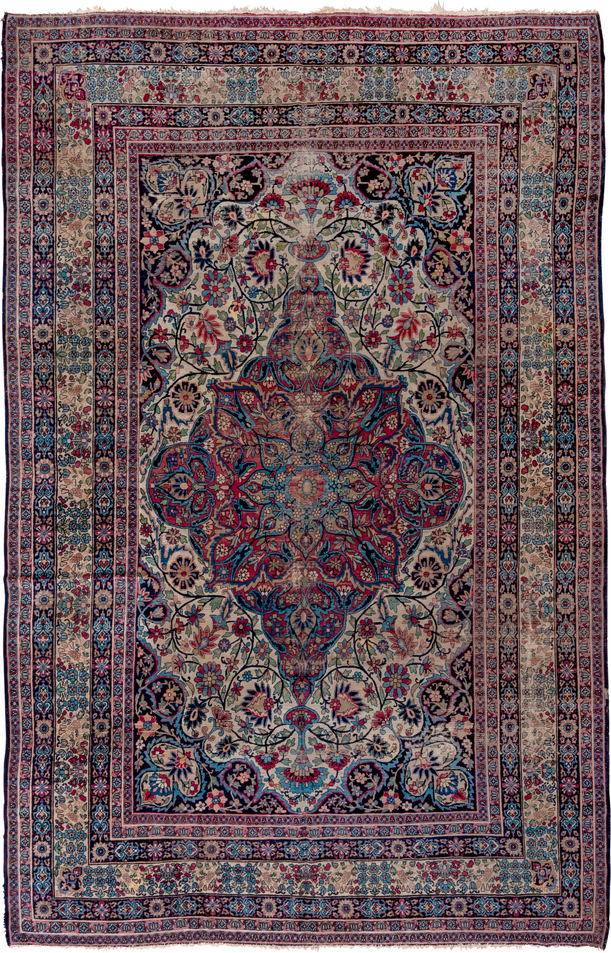 9' x 14' one-of-a-kind handmade vintage Lavar large size rug. Color palette: ivory, navy, turquoise, crimson, rose, sky_blue