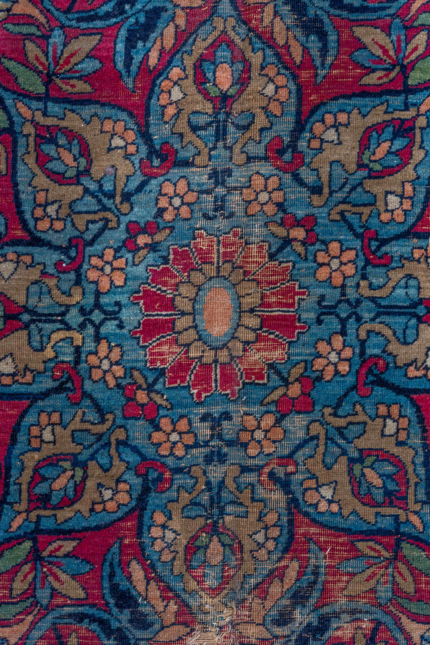 9' x 14' one-of-a-kind handmade vintage Lavar large size rug. Color palette: ivory, navy, turquoise, crimson, rose, sky_blue