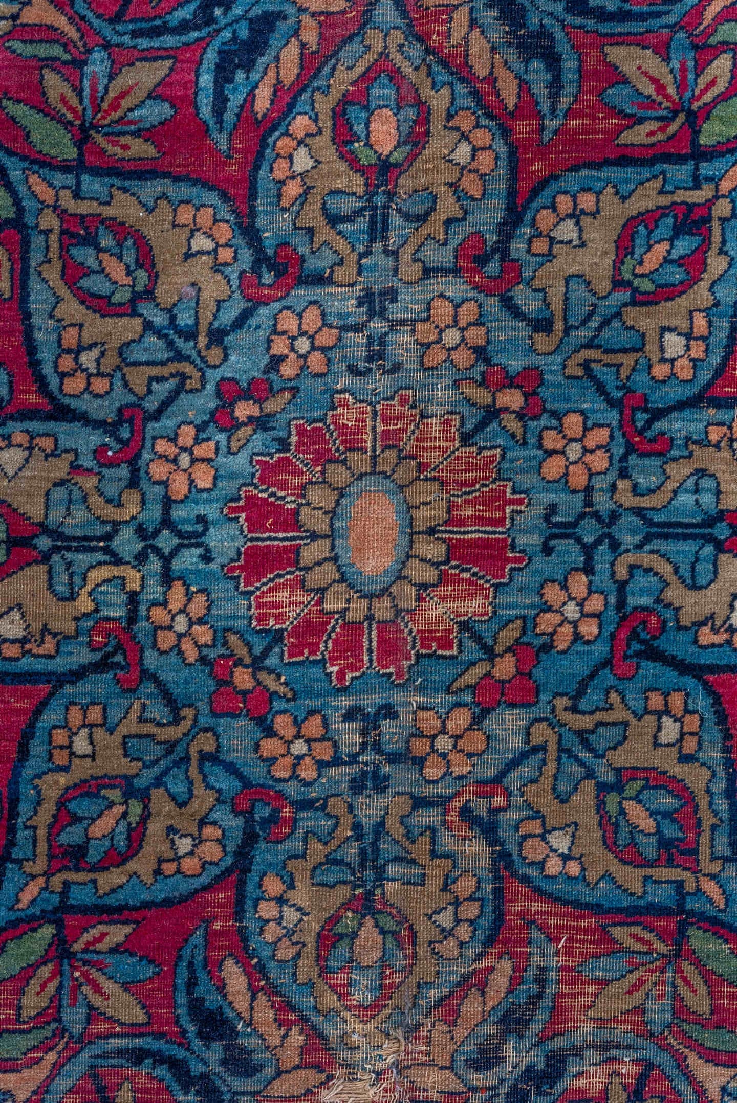 9' x 14' one-of-a-kind handmade vintage Lavar large size rug. Color palette: ivory, navy, turquoise, crimson, rose, sky_blue