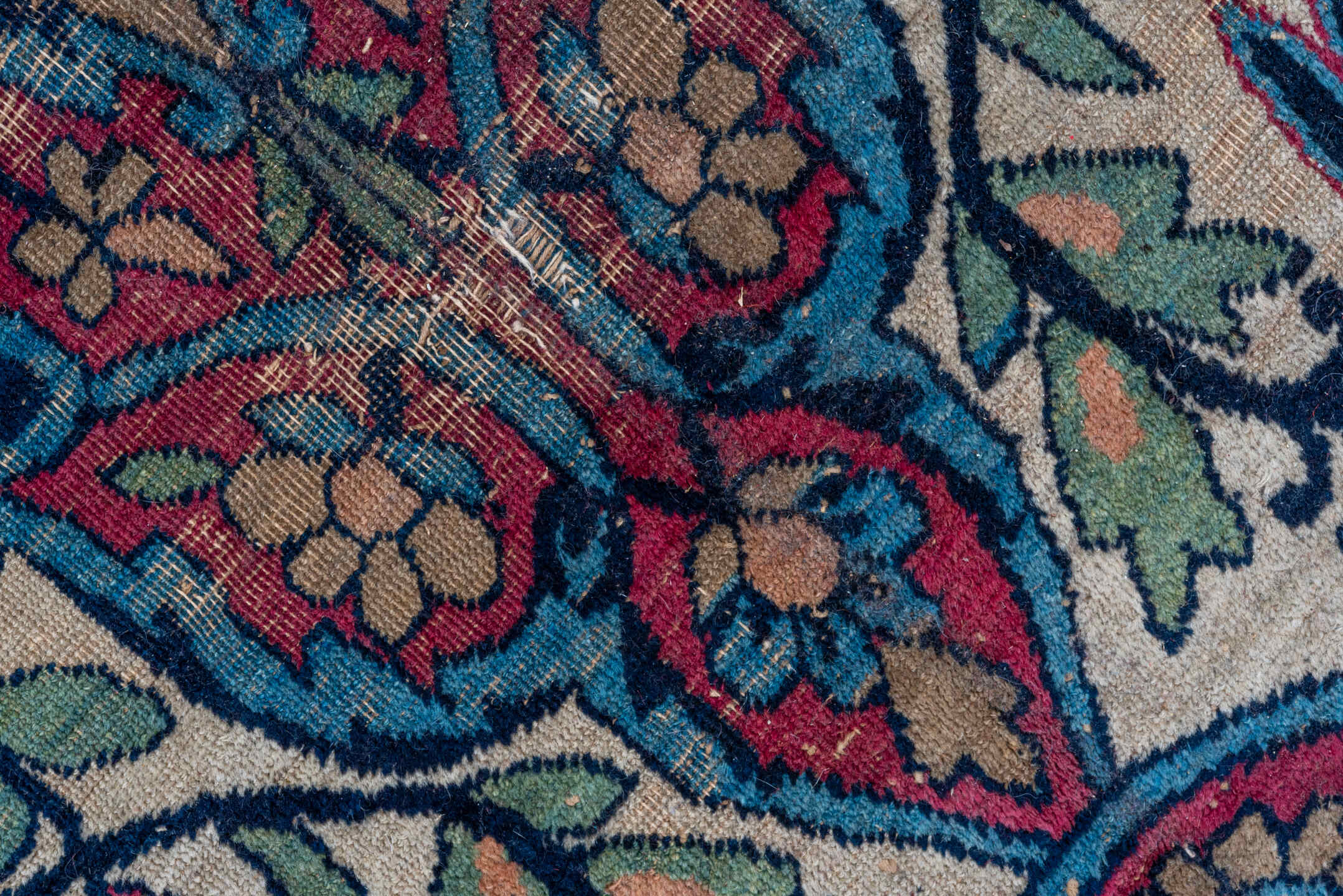 9' x 14' one-of-a-kind handmade vintage Lavar large size rug. Color palette: ivory, navy, turquoise, crimson, rose, sky_blue