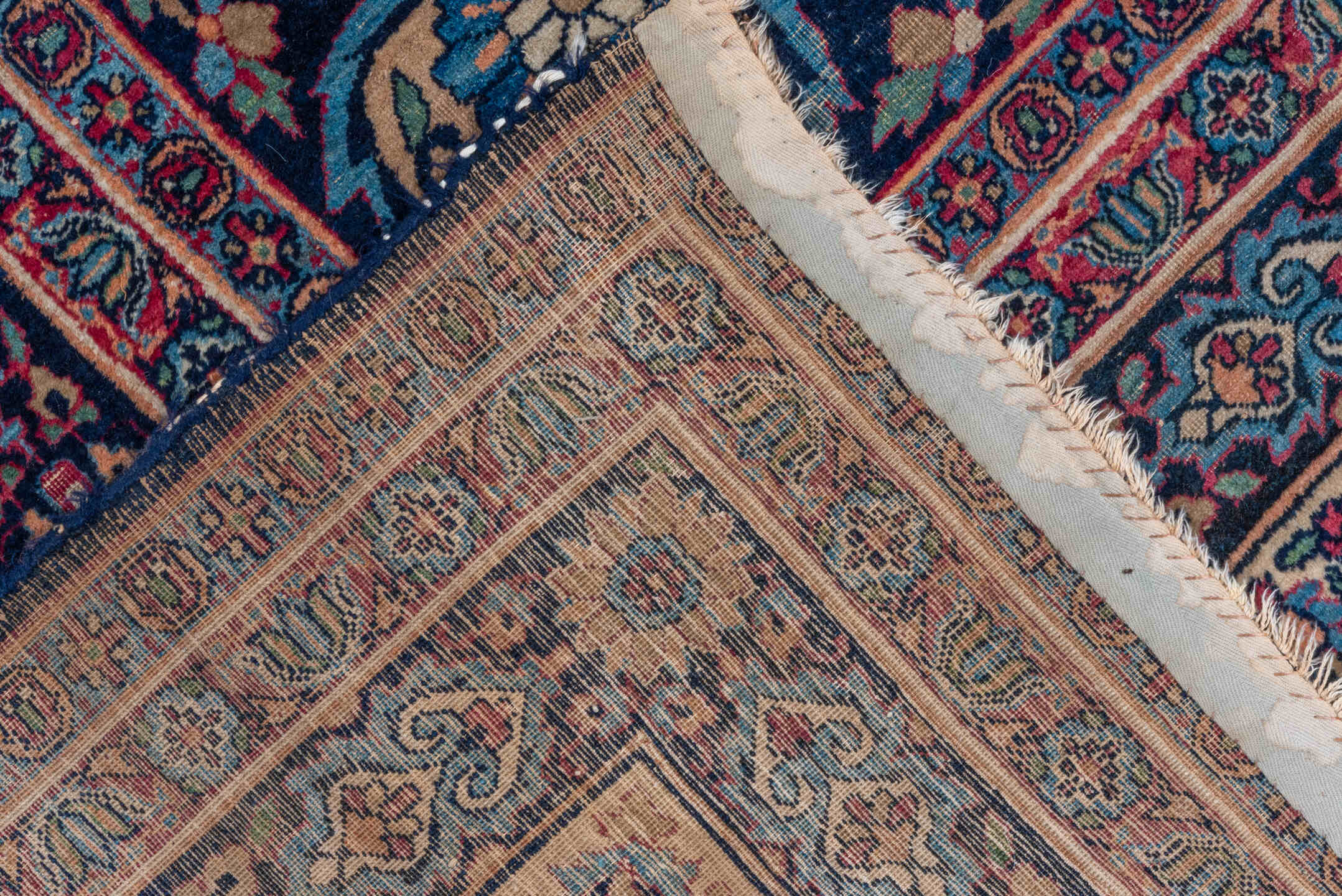 9' x 14' one-of-a-kind handmade vintage Lavar large size rug. Color palette: ivory, navy, turquoise, crimson, rose, sky_blue
