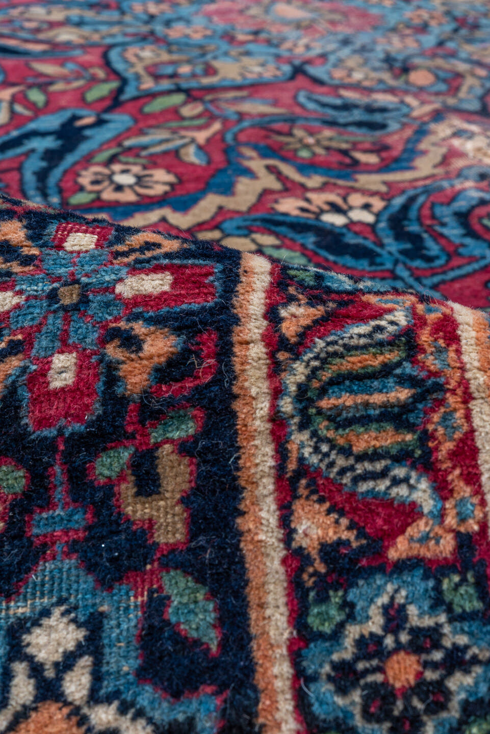 9' x 14' one-of-a-kind handmade vintage Lavar large size rug. Color palette: ivory, navy, turquoise, crimson, rose, sky_blue