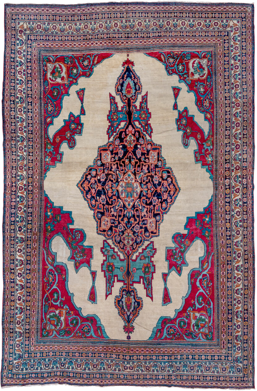 8' x 13' one-of-a-kind handmade vintage Lavar large size rug. Color palette: ivory, crimson, turquoise, navy, rose, sky_blue