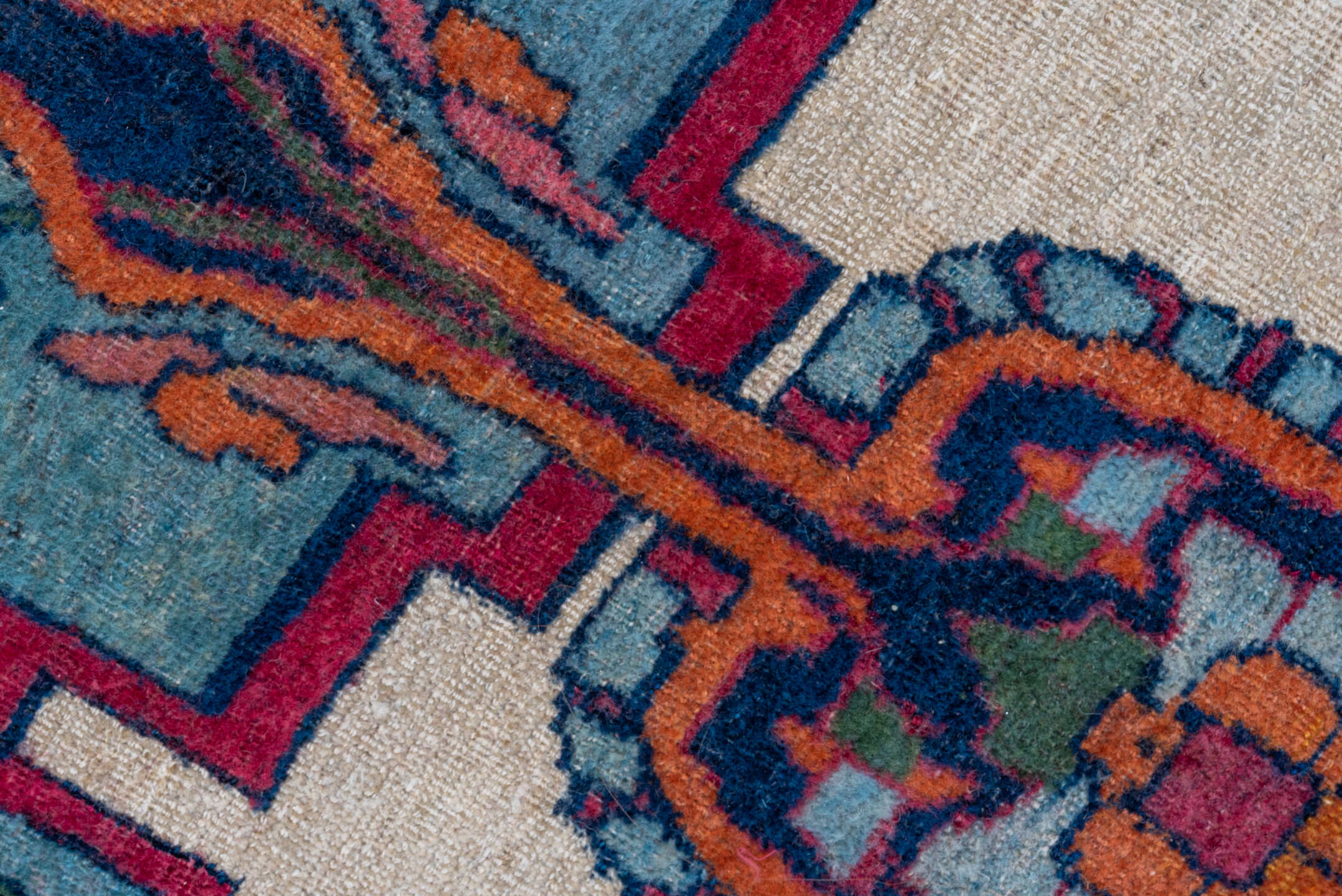 8' x 13' one-of-a-kind handmade vintage Lavar large size rug. Color palette: ivory, crimson, turquoise, navy, rose, coral