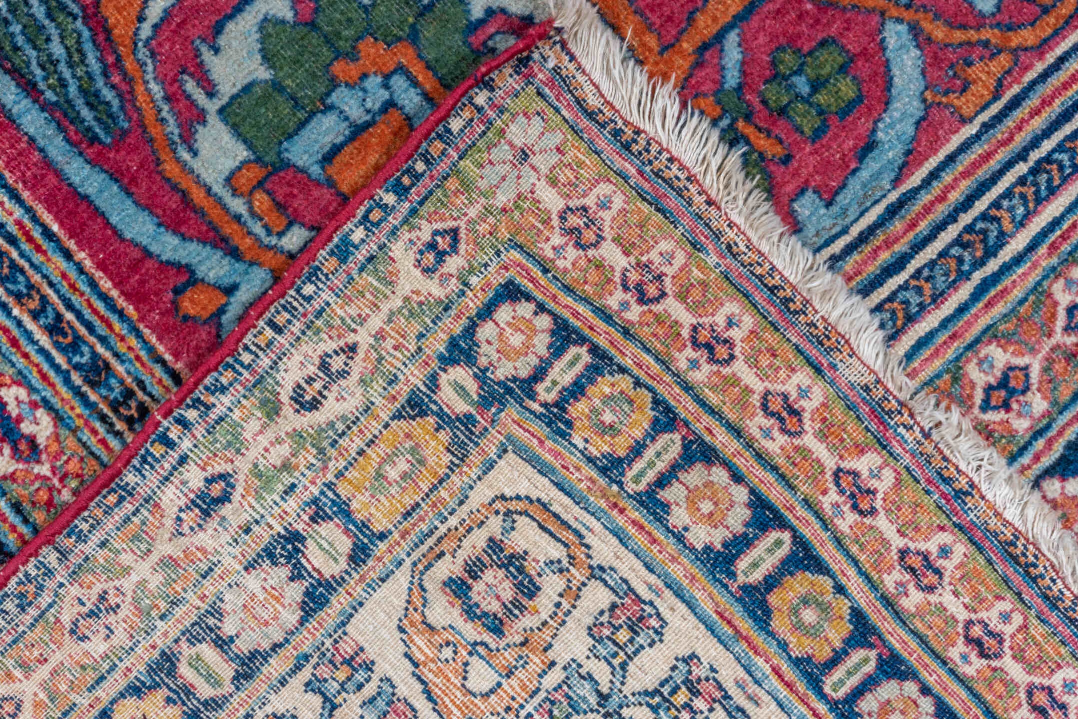 8' x 13' one-of-a-kind handmade vintage Lavar large size rug. Color palette: ivory, crimson, turquoise, navy, rose, sky_blue