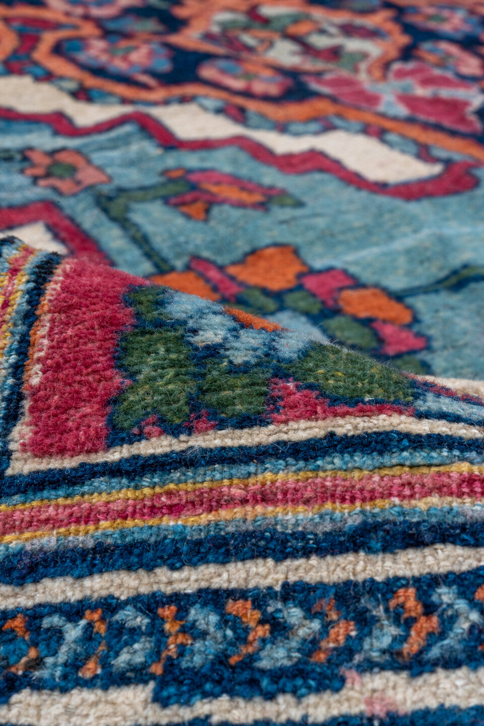 8' x 13' one-of-a-kind handmade vintage Lavar large size rug. Color palette: ivory, crimson, turquoise, navy, rose, coral
