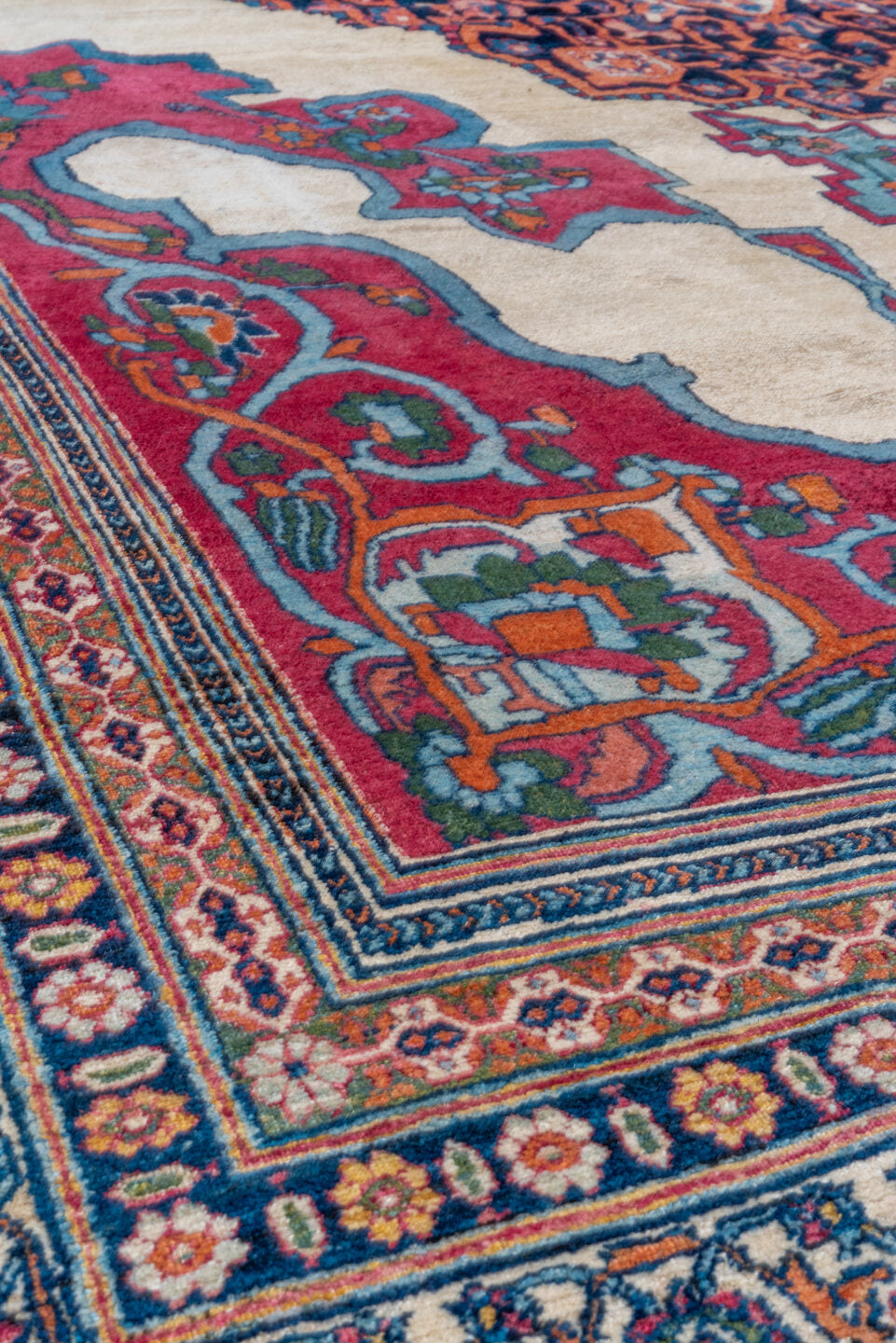 8' x 13' one-of-a-kind handmade vintage Lavar large size rug. Color palette: ivory, crimson, turquoise, navy, rose, coral