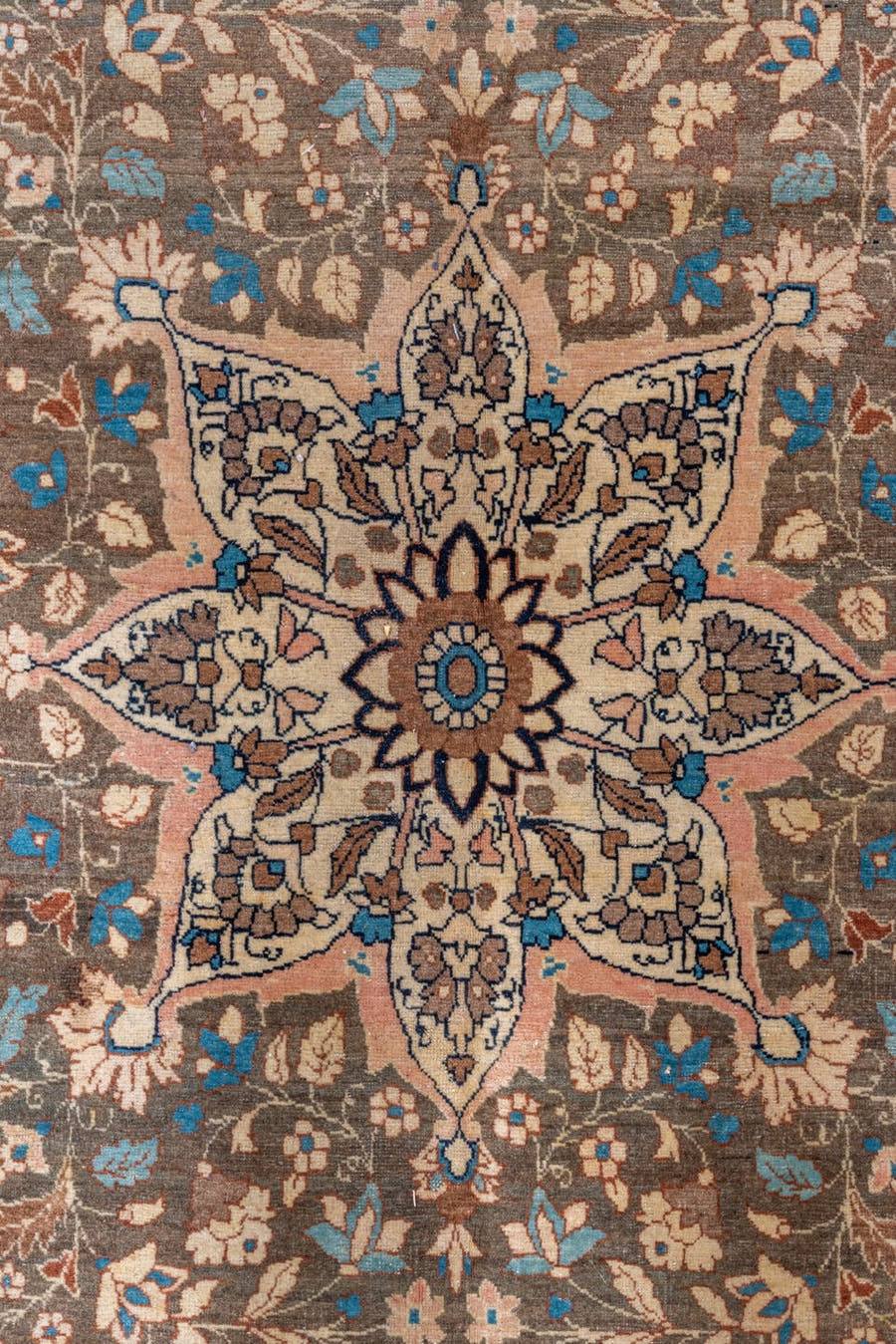 9' x 13' one-of-a-kind handmade vintage Tabriz large size rug. Color palette: taupe, ivory, sky blue, navy, beige, brown