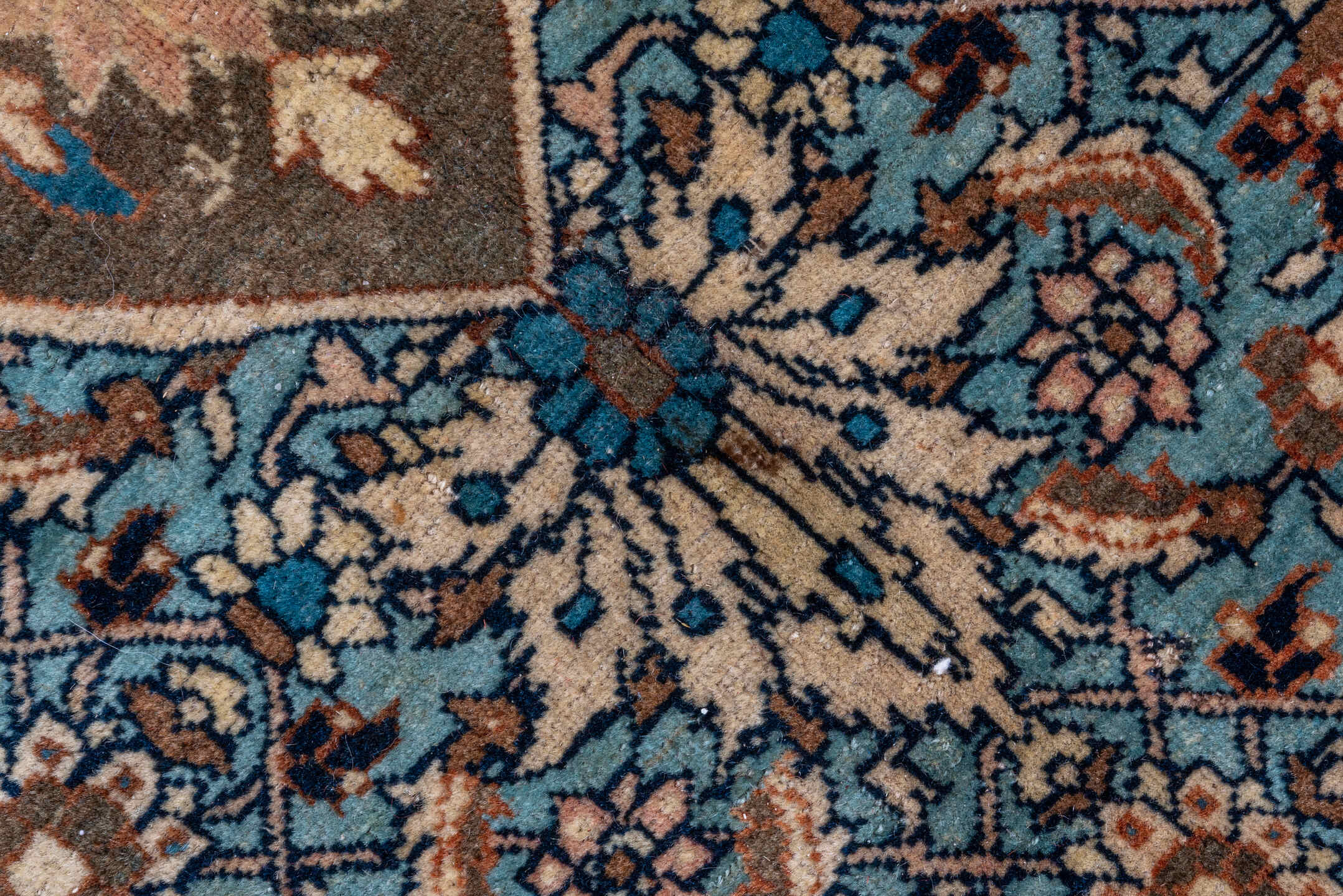 9' x 13' one-of-a-kind handmade vintage Tabriz large size rug. Color palette: taupe, ivory, sky blue, navy, beige, brown