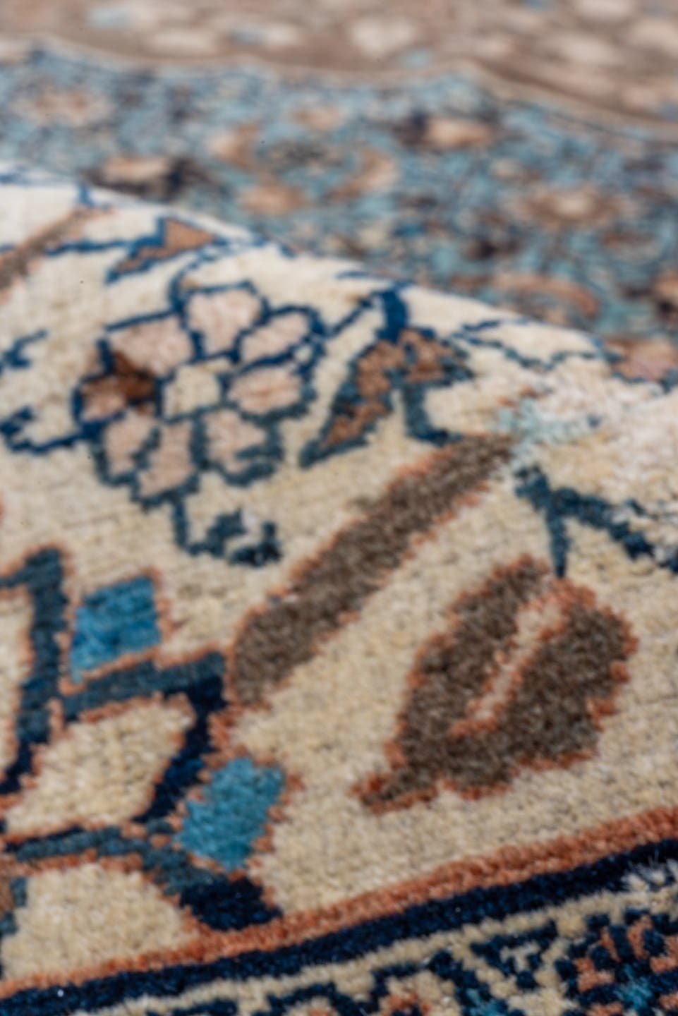 9' x 13' one-of-a-kind handmade vintage Tabriz large size rug. Color palette: taupe, ivory, sky blue, navy, beige, brown