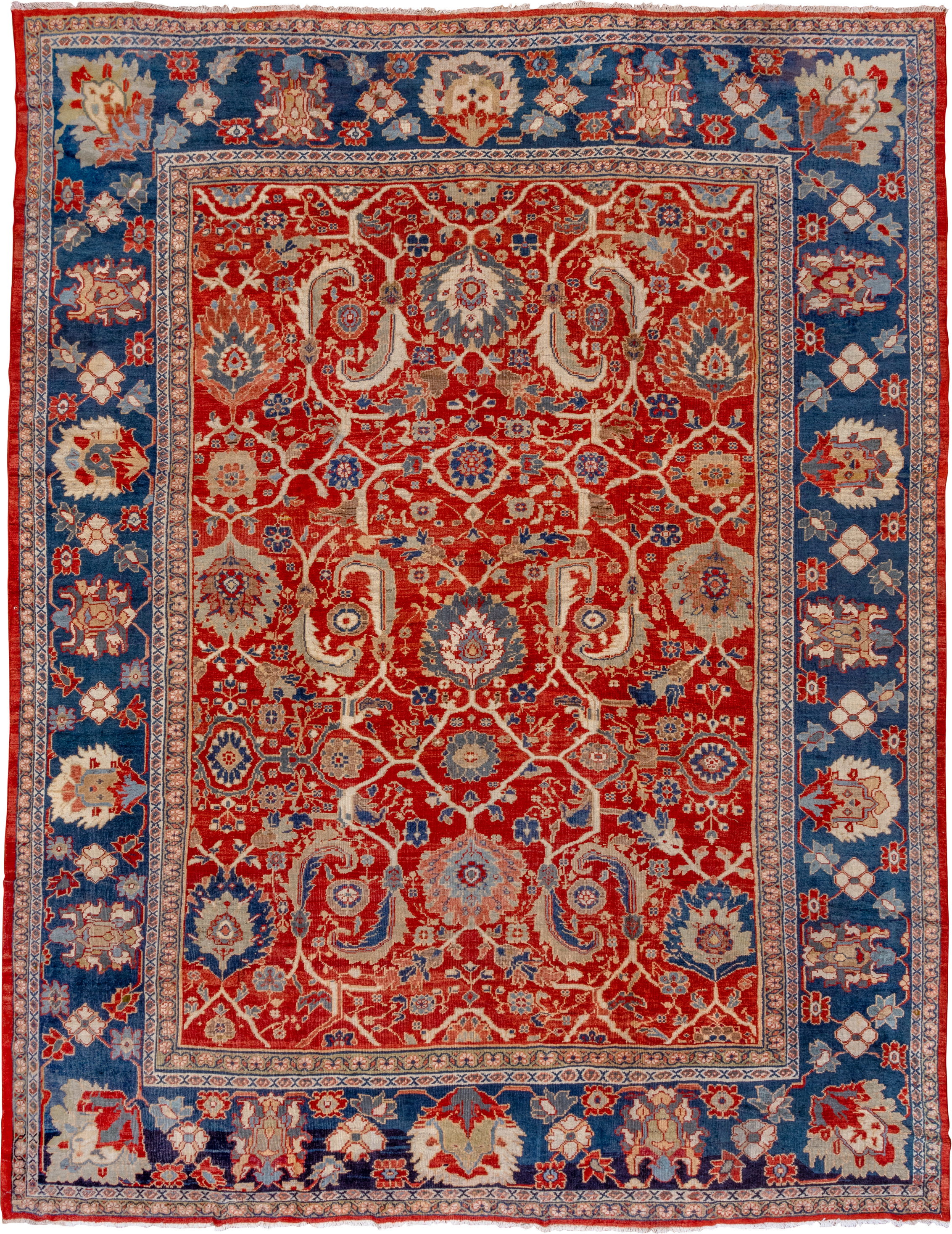 11' x 14' one-of-a-kind handmade vintage Sultanabad oversize rug. Color palette: rust, navy, ivory, slate, camel, crimson