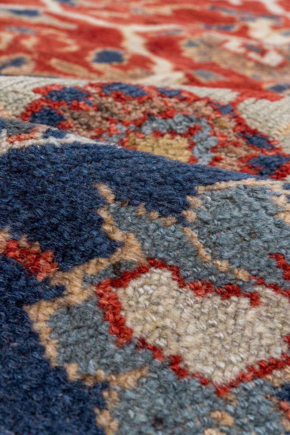 11' x 14' one-of-a-kind handmade vintage Sultanabad oversize rug. Color palette: rust, navy, ivory, slate, camel, crimson