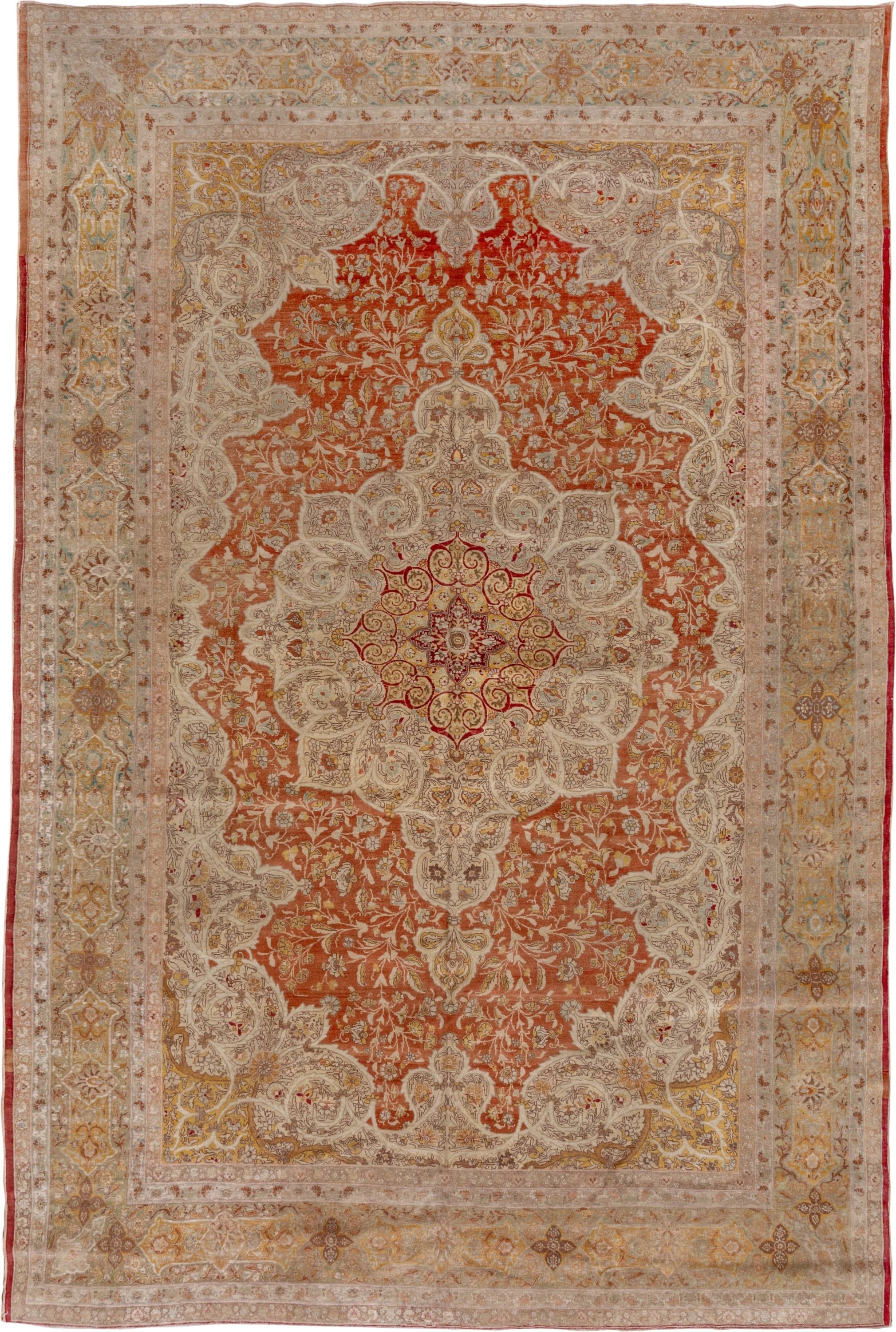 8' x 12' one-of-a-kind handmade vintage Tabriz large size rug. Color palette: ivory, terra cotta, beige, gold, sage, rose